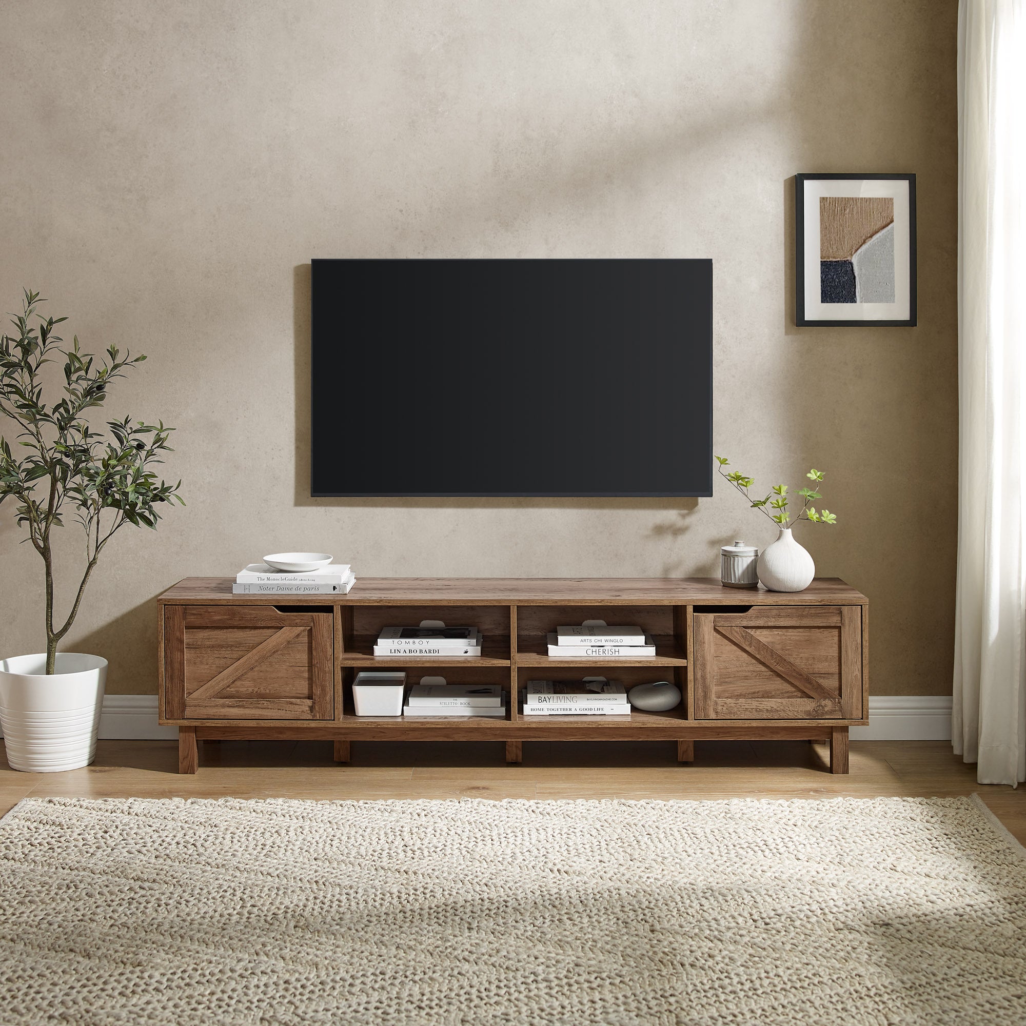 Rustic Barndoor Open-Storage TV Stand for TVs