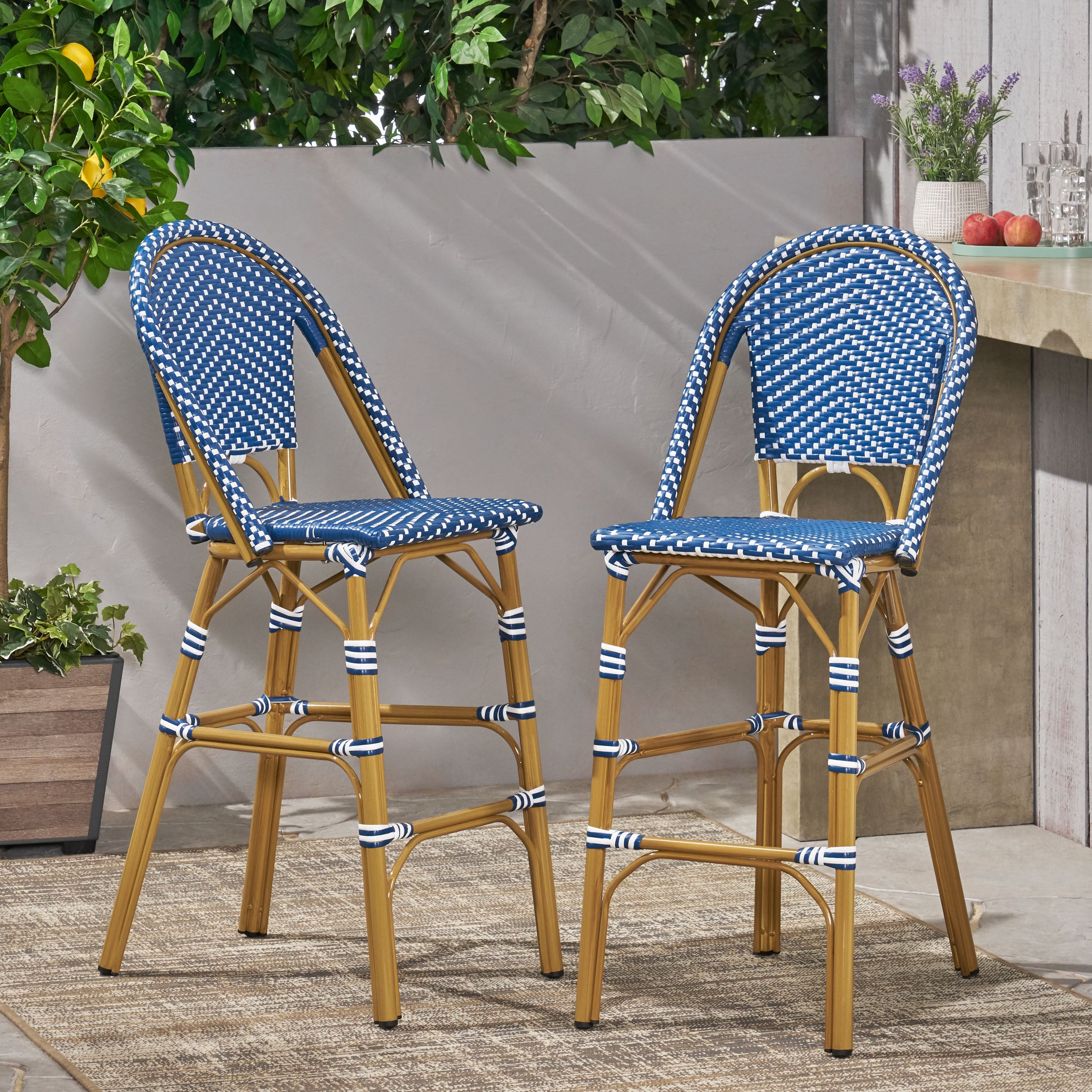 29.5"" Outdoor PE Rattan French Barstool, Dark Teal and White, Aluminum Frame with Bamboo Finish (Set of 2)