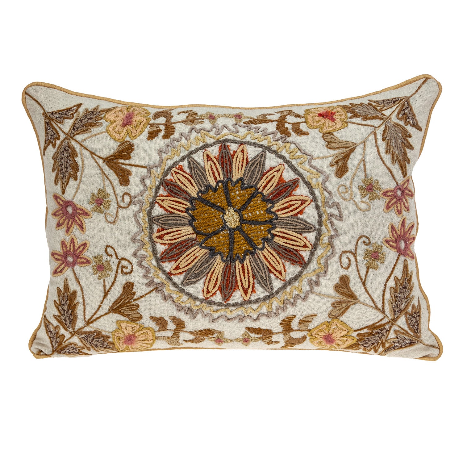 Beige Cotton Throw Pillow With Embroidery