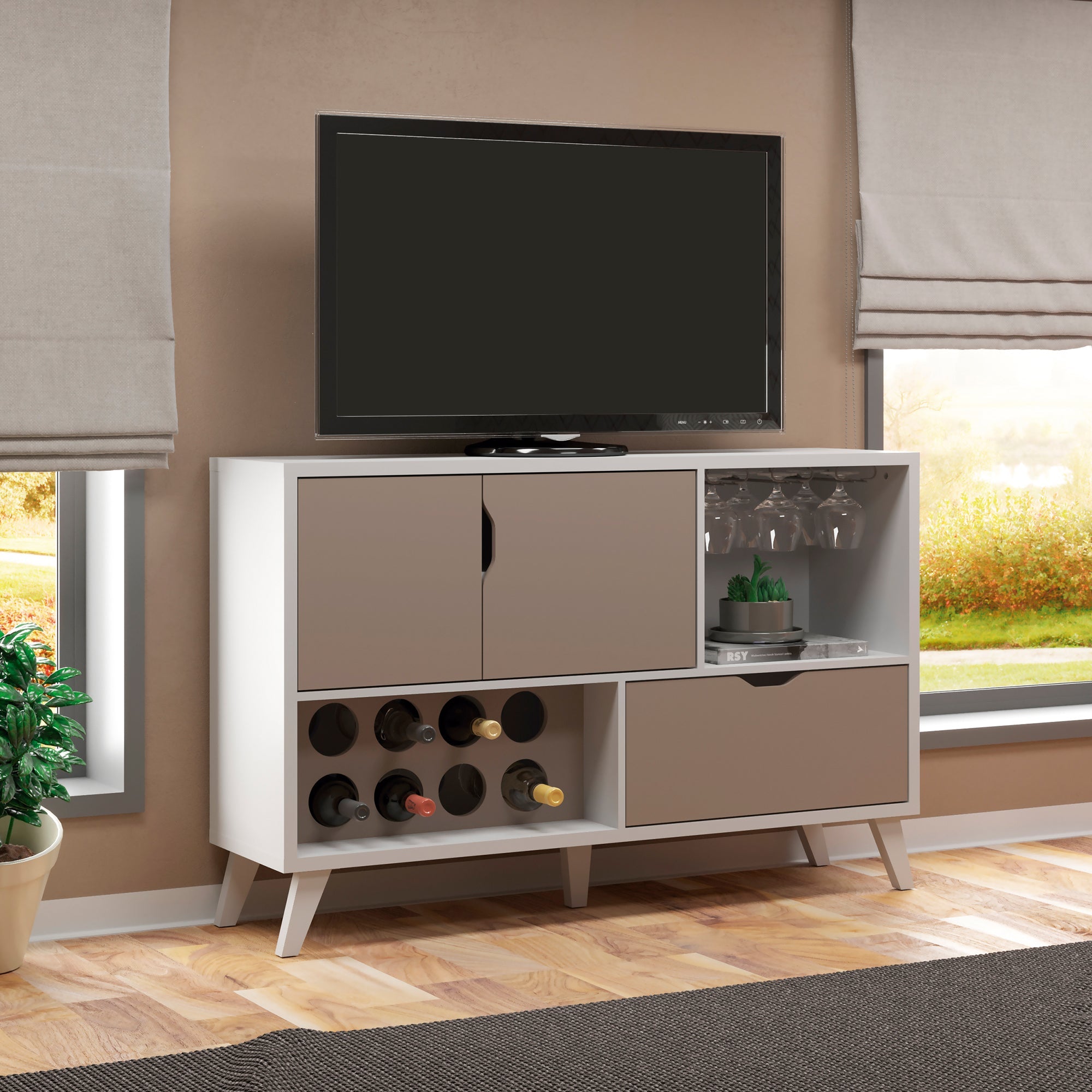 54 Inch 2 Door Wine Bar Cabinet TV Entertainment Console, Wine Rack, 1 Drawer, White, Gray