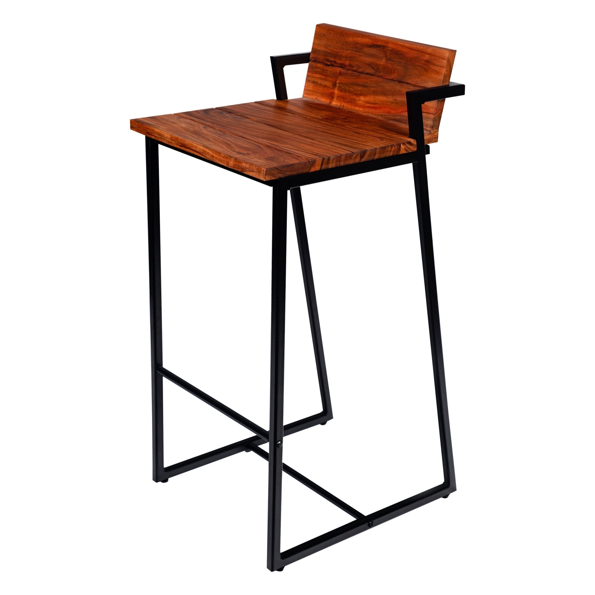 35 Inch Industrial Style Acacia Wood Barstool with Metal Frame, Brown and Black