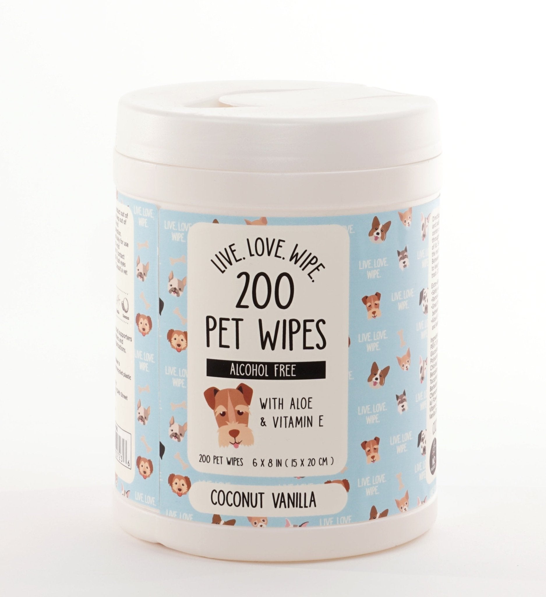 200pc LIVE. LOVE. WIPE. canniester pet wipes with aloe and vitamin e.Coconut vanilla scent