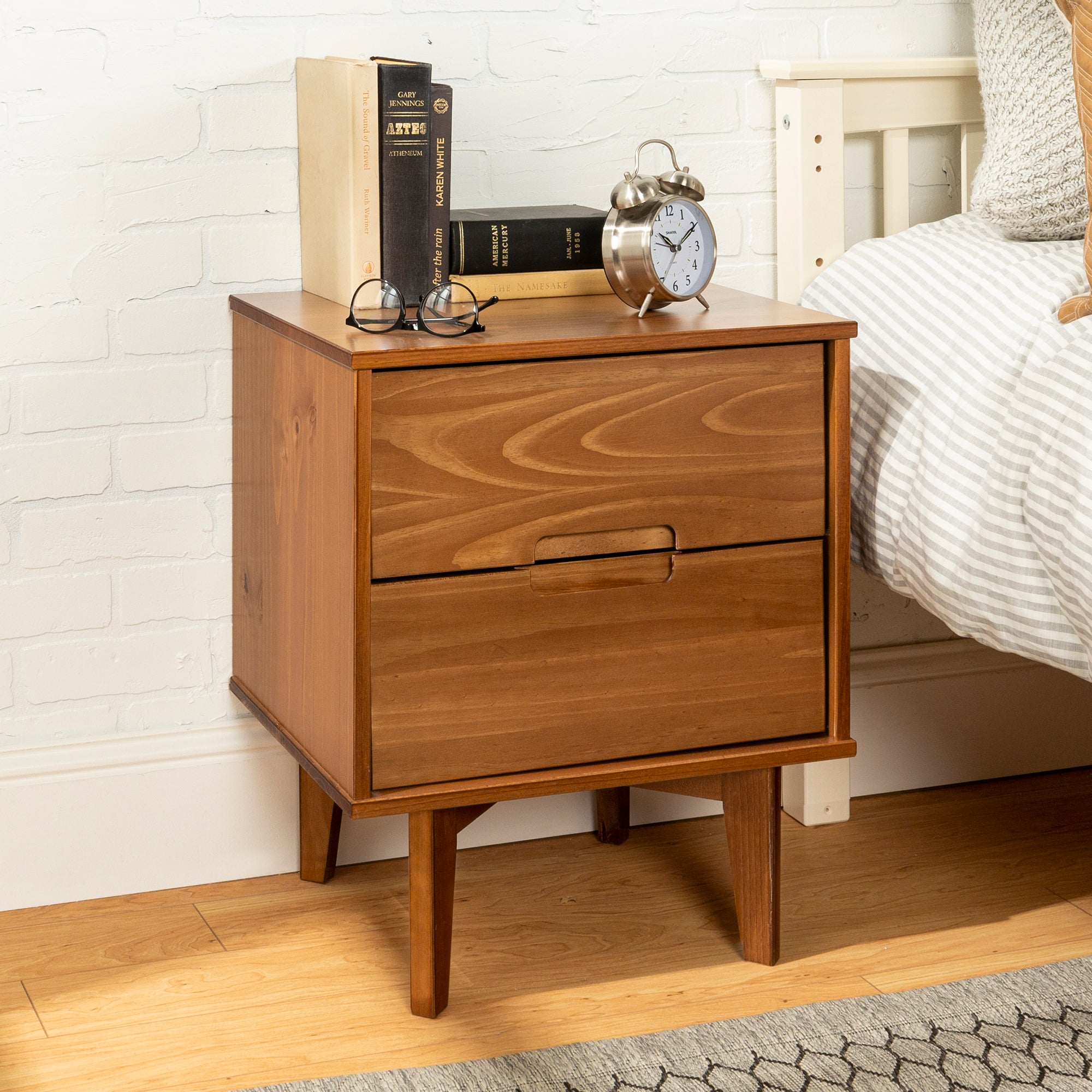 Mid-Century Modern 2-Drawer Solid Wood Nighstand - Caramel