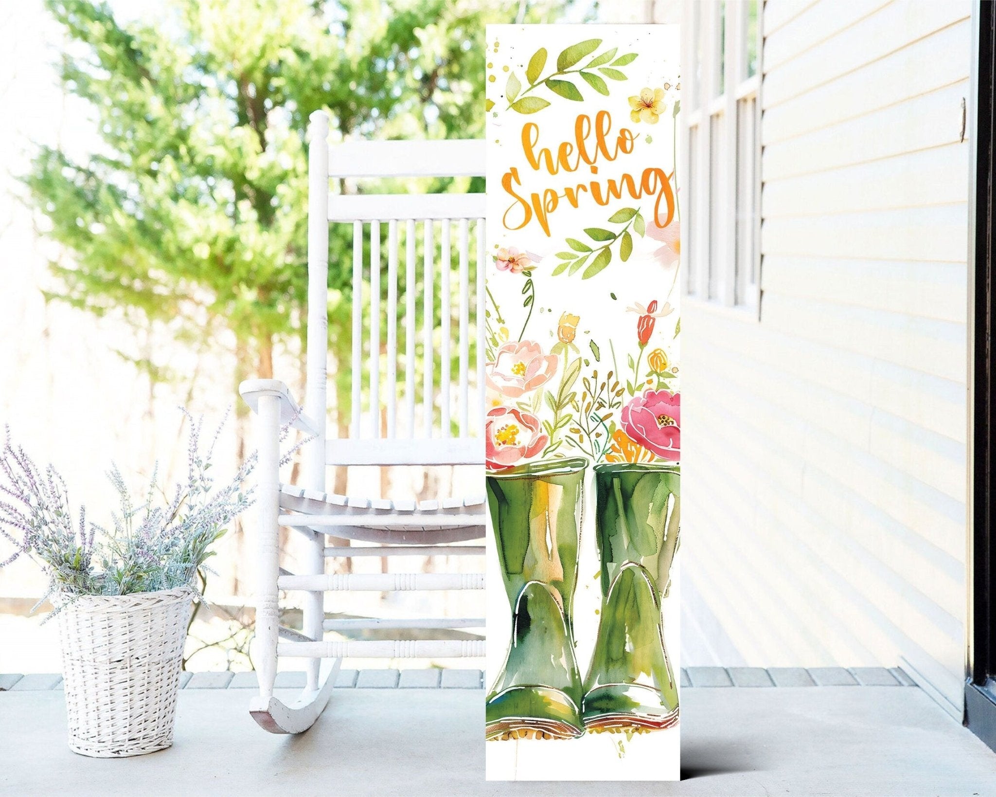 36-Inch 'Hello Spring' Wooden Porch Sign with Rain Boot & Floral Design