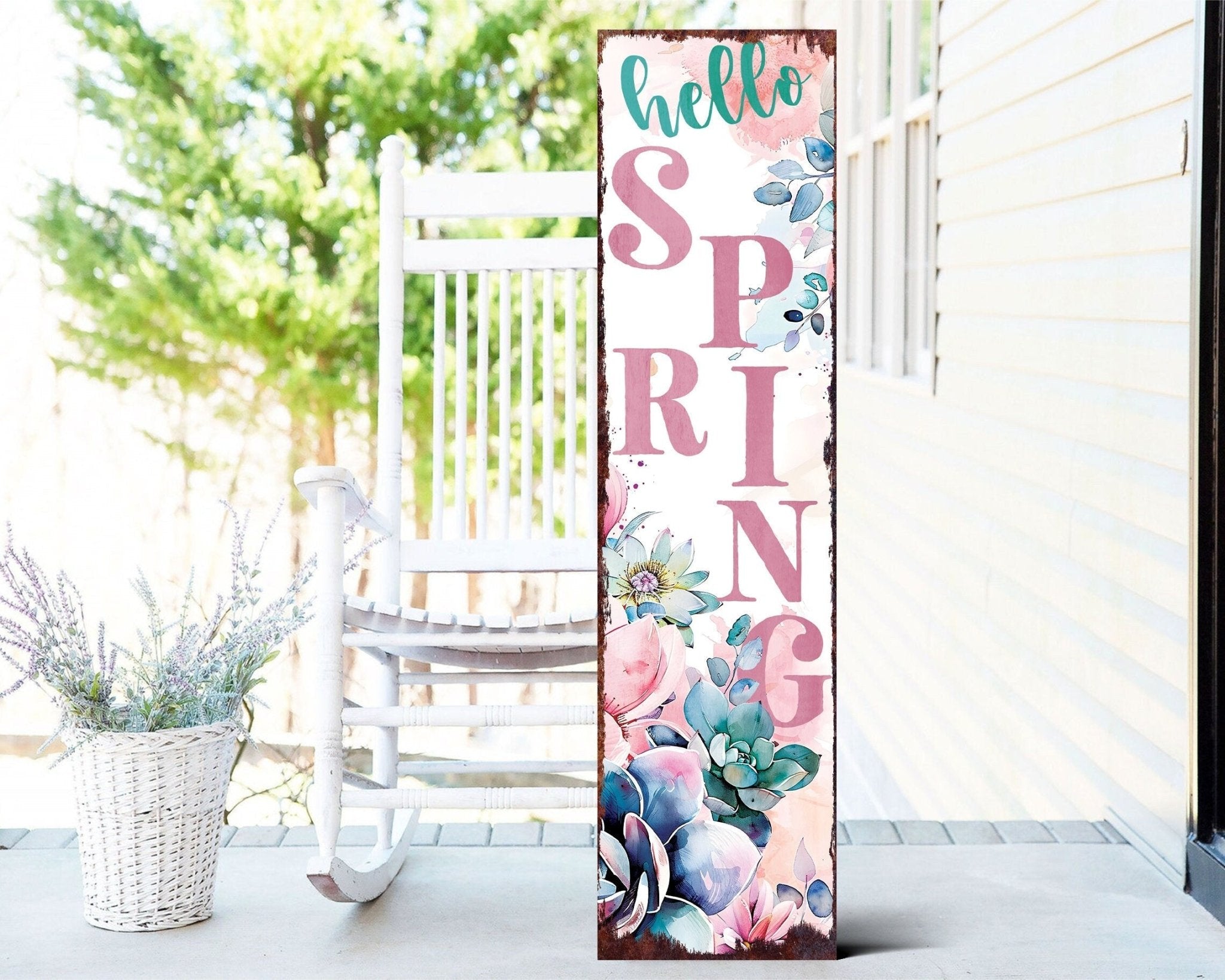 36-Inch 'Hello Spring' Wooden Porch Sign with Succulent Design