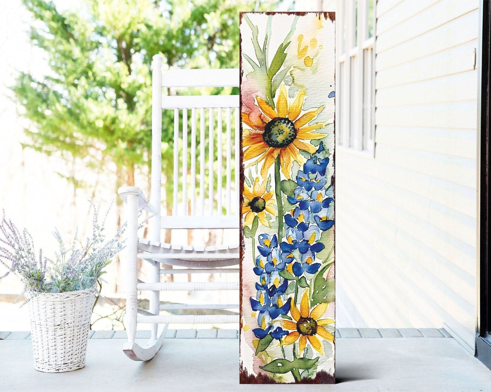 36-Inch Spring Paint Watercolor Wildflowers Wooden Porch Sign