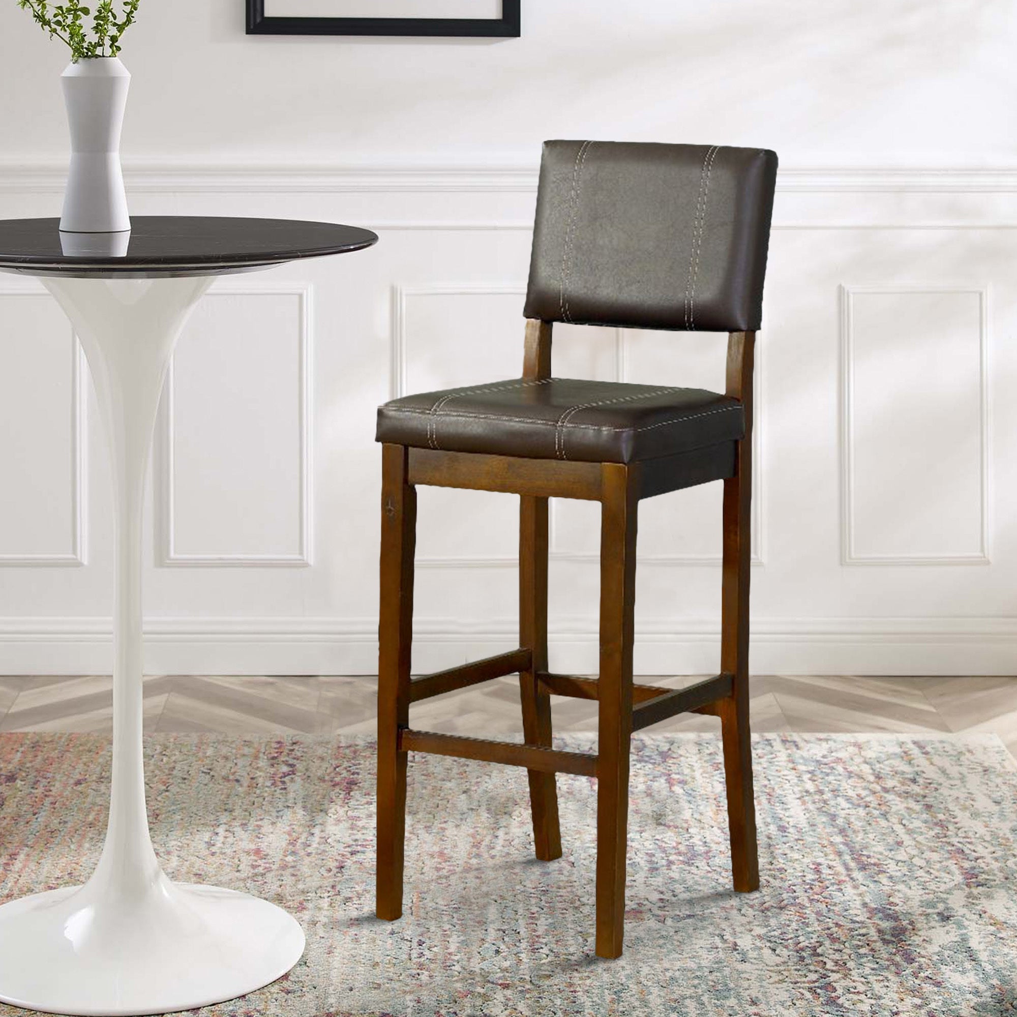 Wooden Bar Stool with Leatherette Upholstered Seat and Back, Brown