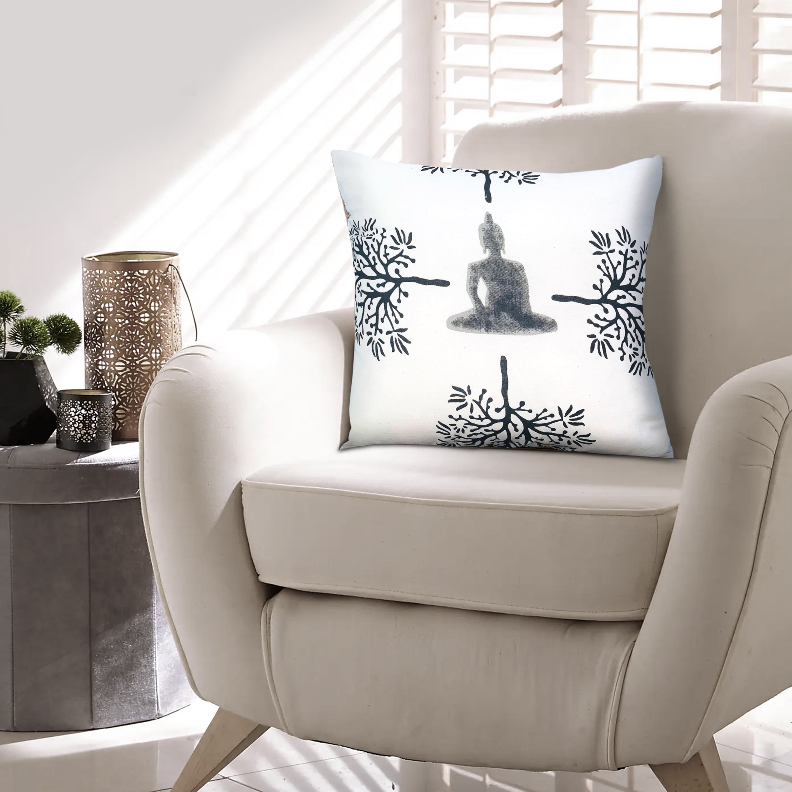 18 x 18 Square Accent Throw Pillow, Meditating Buddha, Soft Polyester Filling, Gray, White