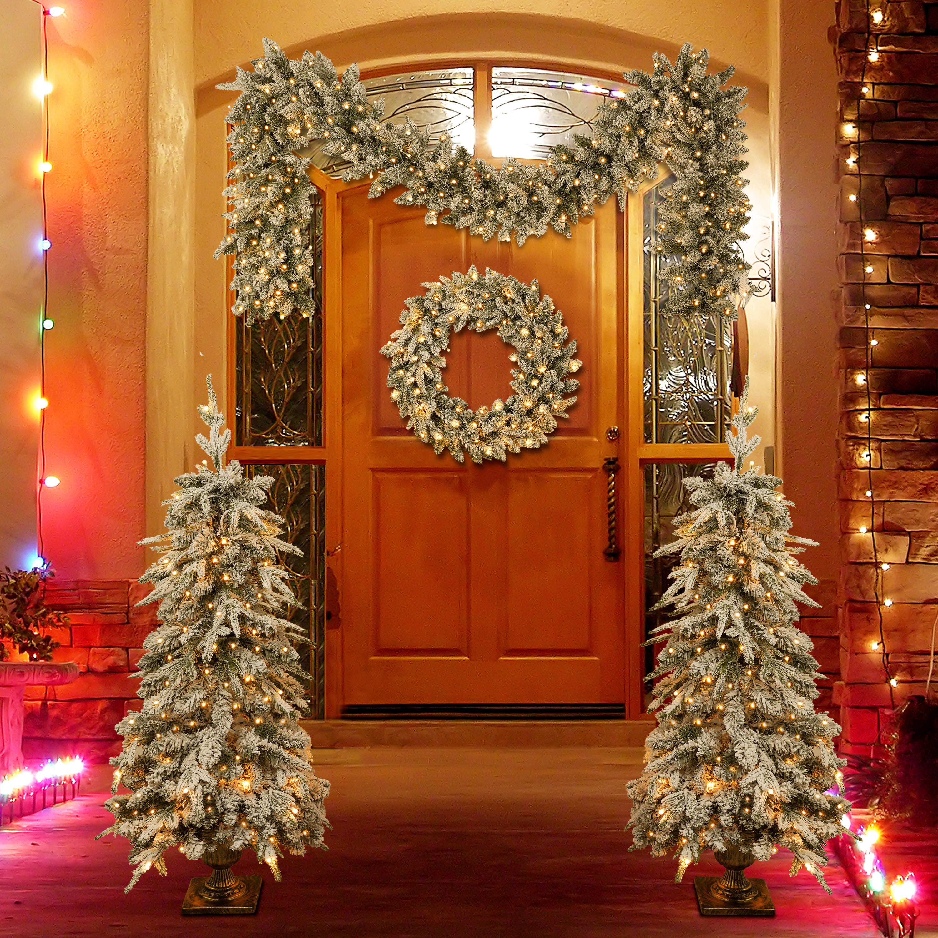 Pre-lit Christmas Artificial Tree 4-Piece Set, Garland, Wreath and Set of 2 Entrance Trees