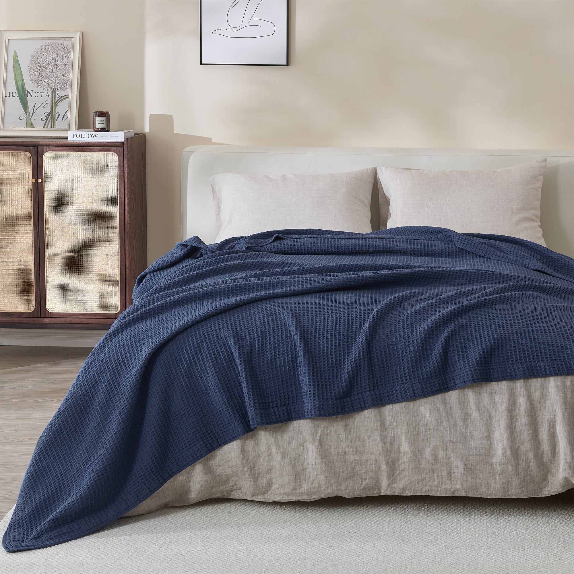 100% Cotton All-Season Lightweight Waffle Weave Knit Throw Blanket, Navy