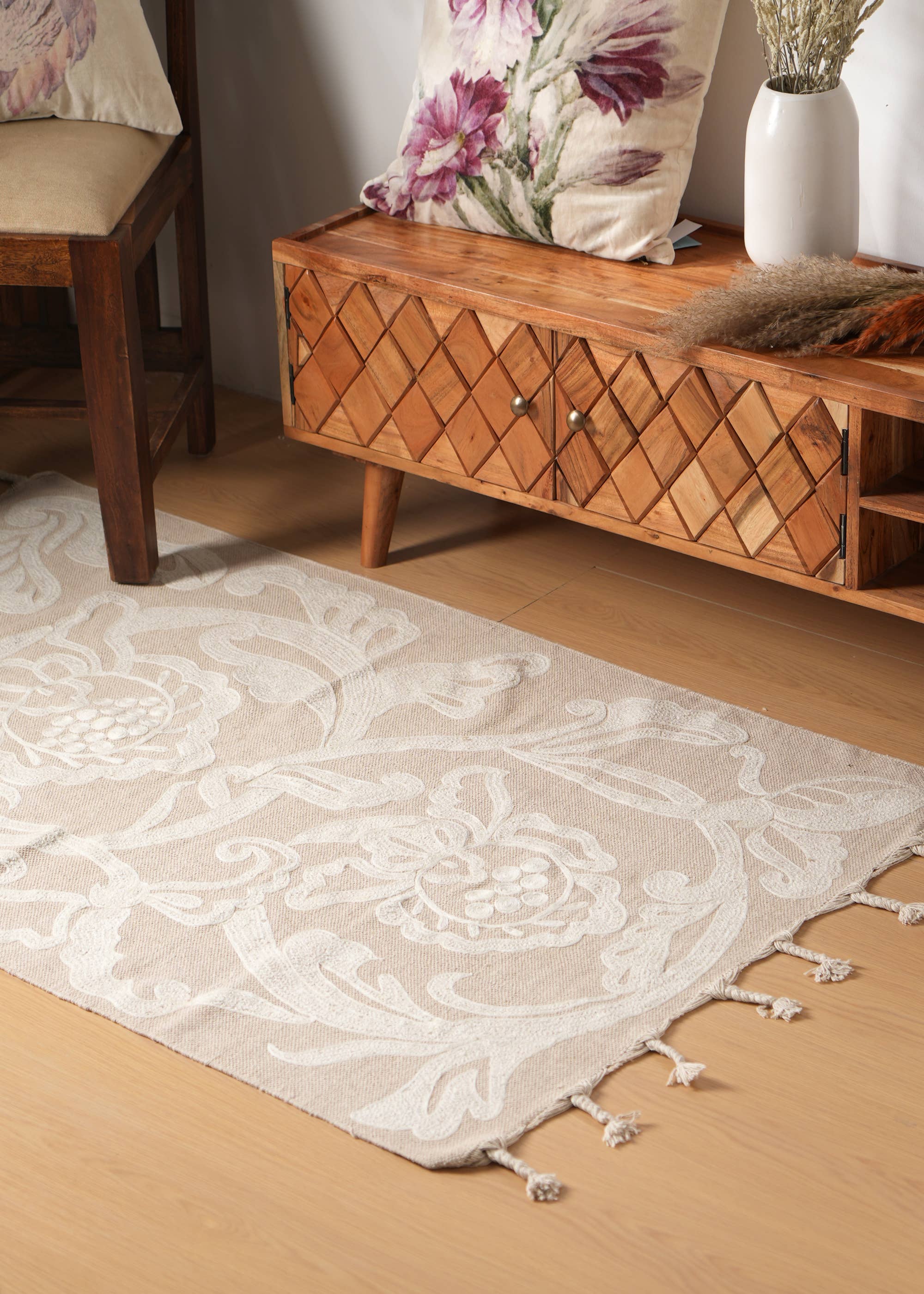 Cotton Embroidered Rug With Braided Tassels 60""X36""