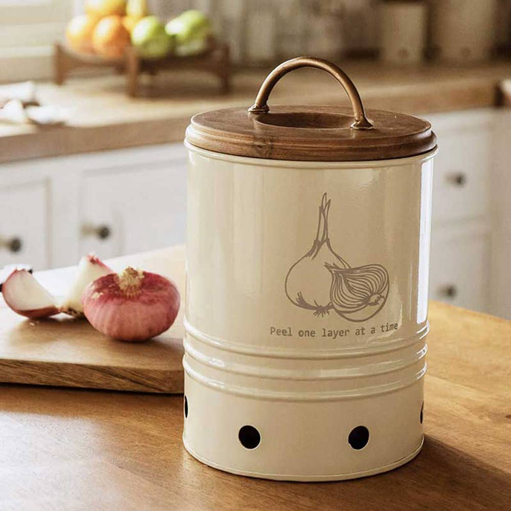 Egg Shell Metal Onion Storage Bin With Wooden Lid