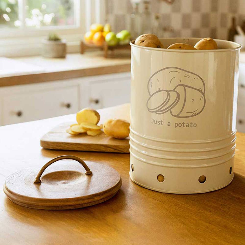 Egg Shell Metal Potato Storage Bin With Wooden Lid