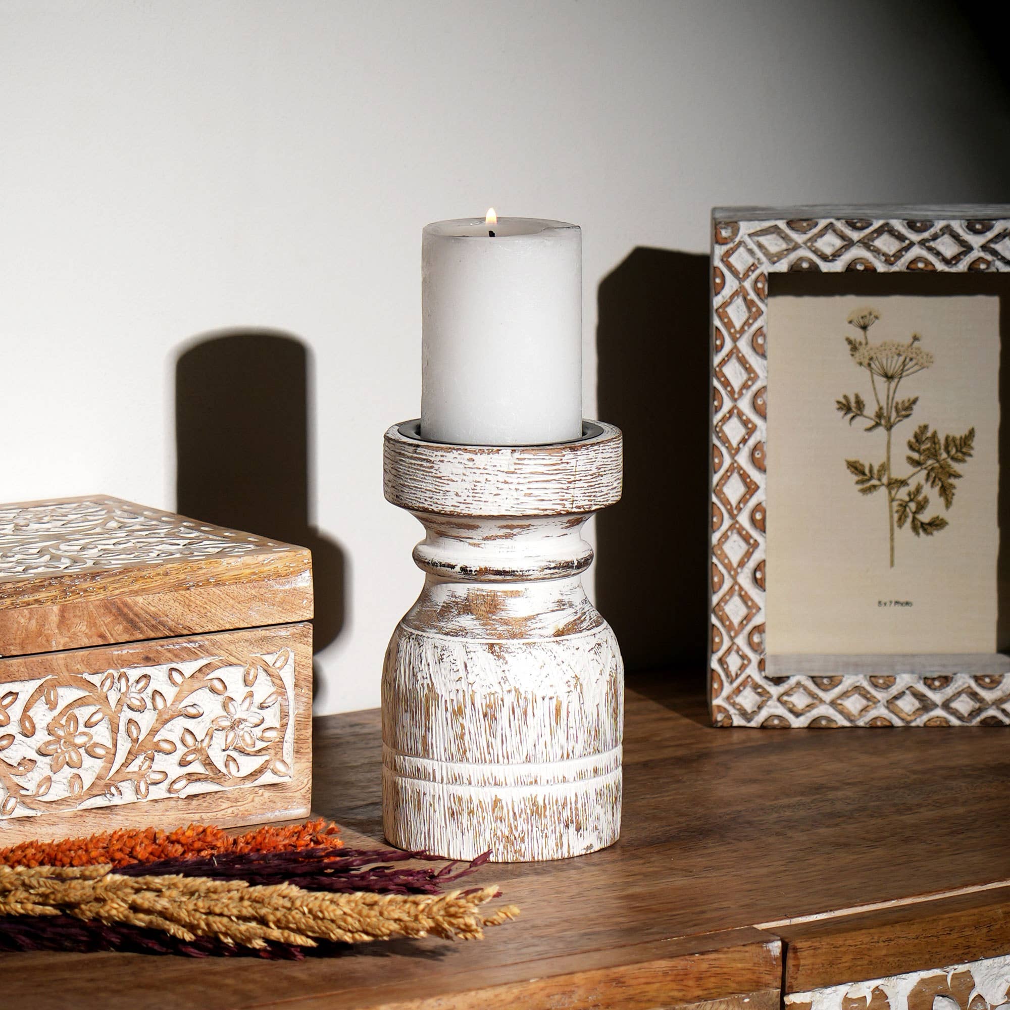 Rustic Nyla Wooden Candle Holder with Intricate Carvings