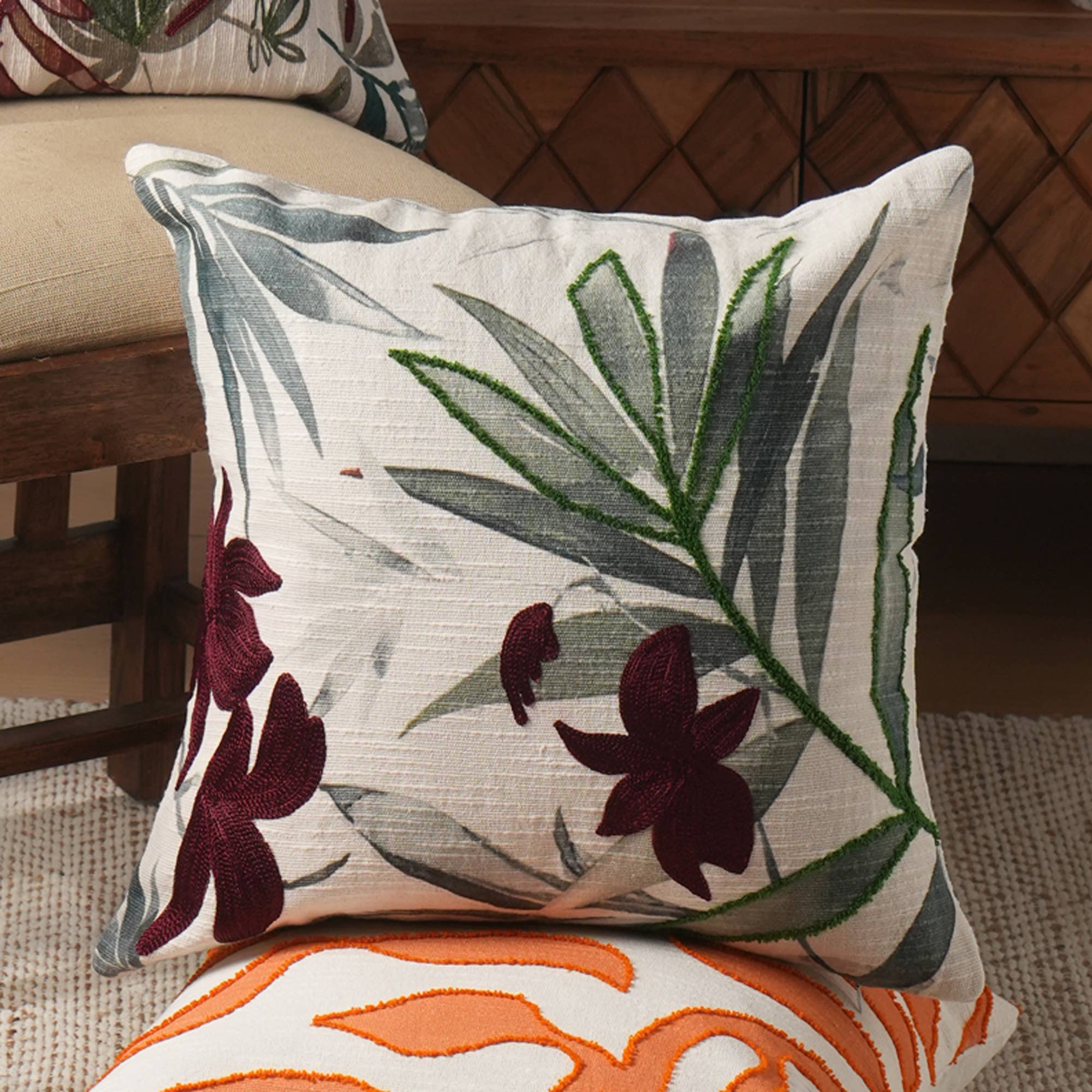 Set of 2 Botanical Bliss Printed & Embroidered Pillow 18""X18""