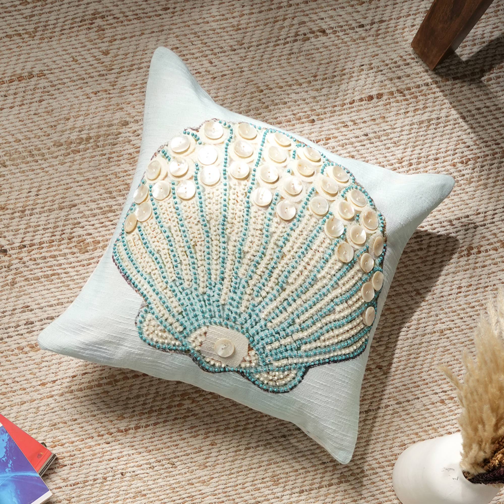 Set of 2 Print & Beadwork Seashell Pillow-Blue & Ivory 18""X18""