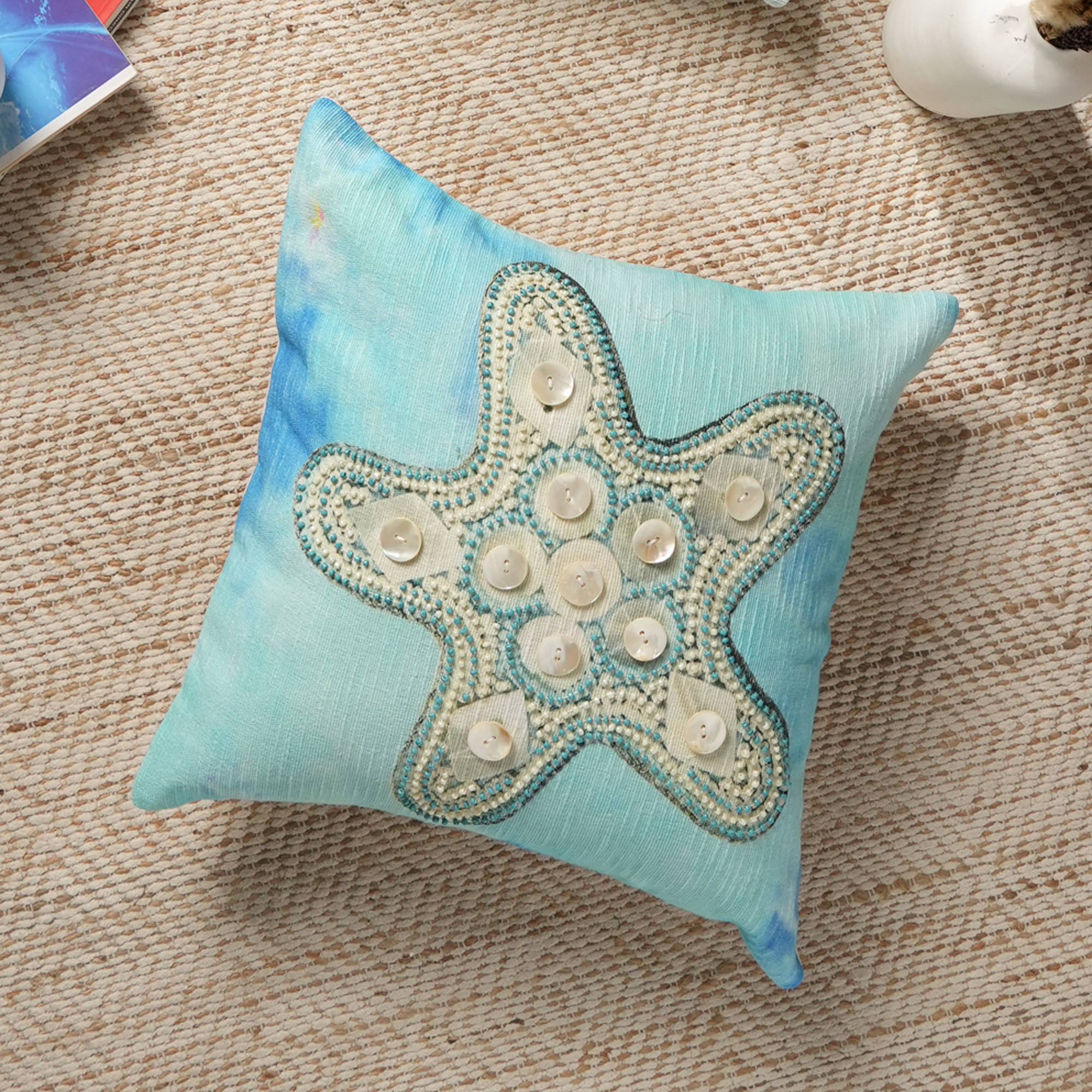 Set of 2 Print & Beadwork Starfish Pillow-Blue & Ivory 18""X18""