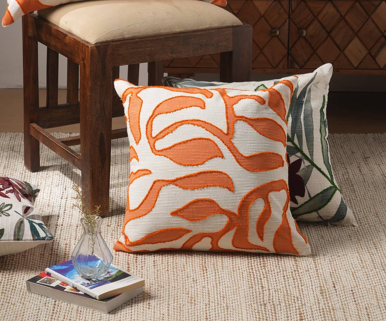 Set of 2 Retro Botanic Printed & Embroidered Pillow (Orange & Ivory) 18""X18""