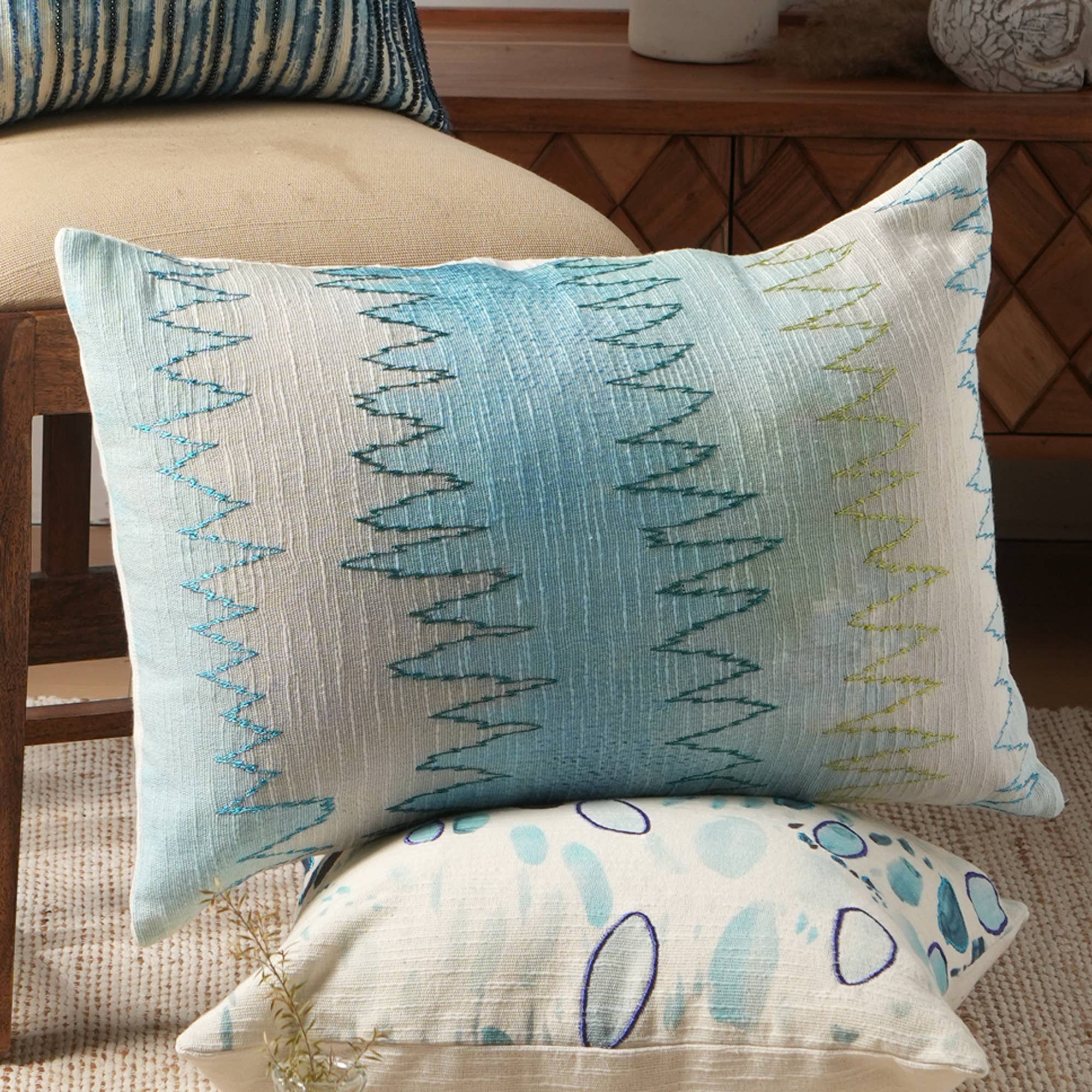 Set of 2 Shoreline Foliage Printed & Embroidered Pillow 24""X16""