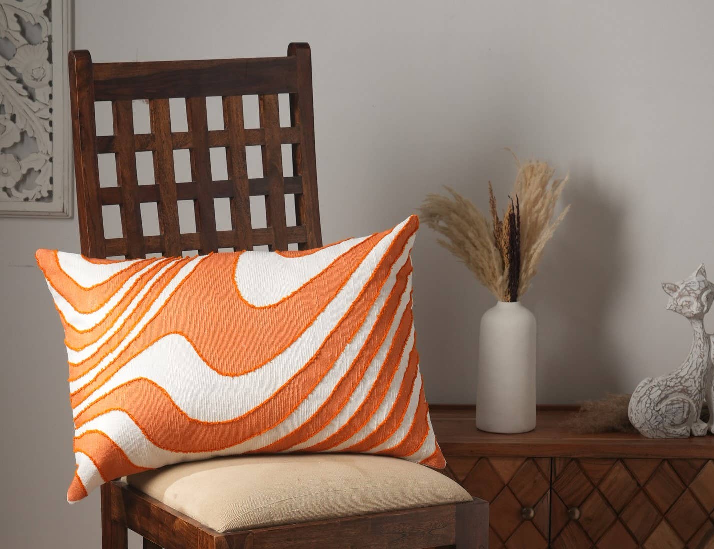 Set of 2 Vintage Vibe Printed & Embroidered Pillow (Orange & Ivory) 24""X16""