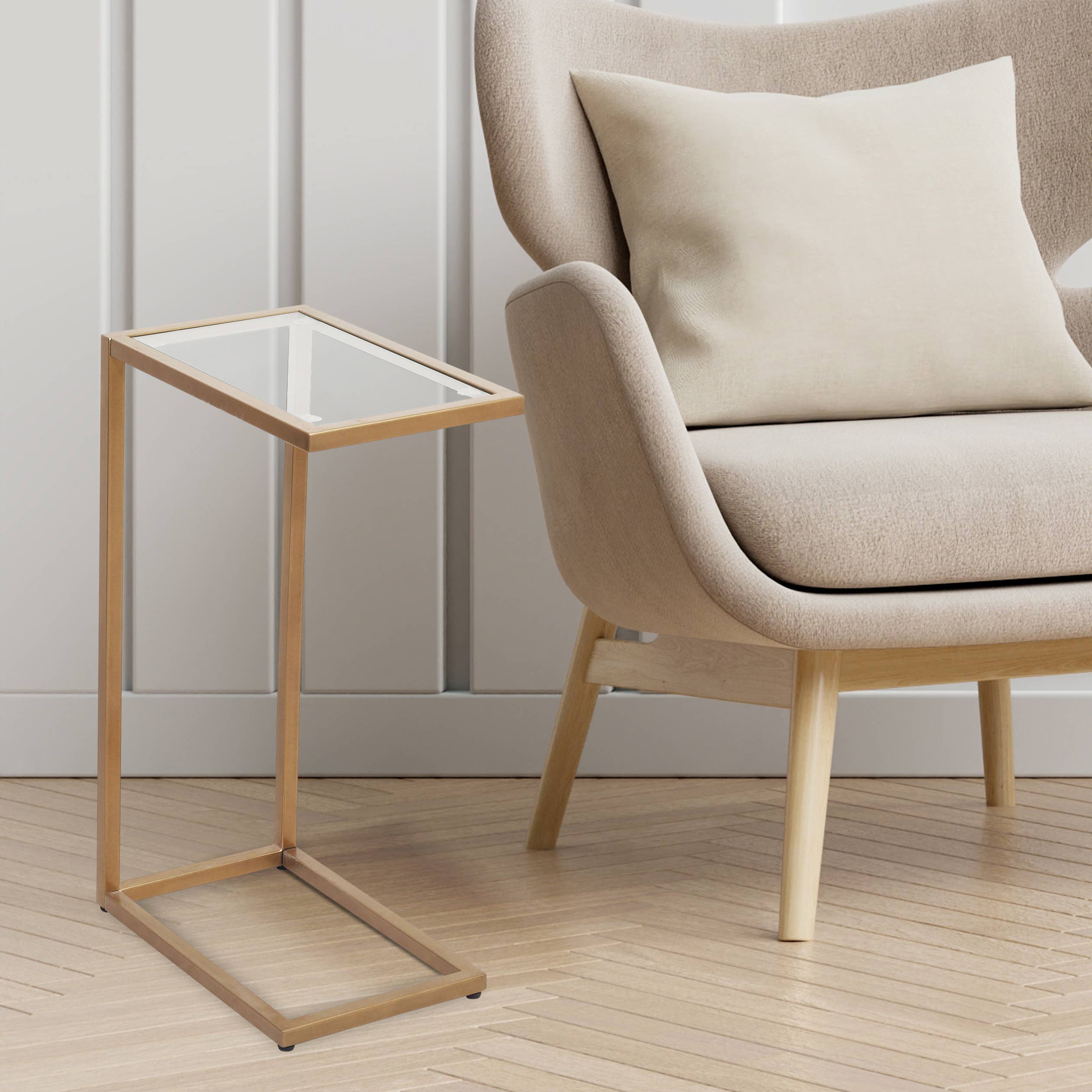 Side Table With Glass Top And Golden Metal Base