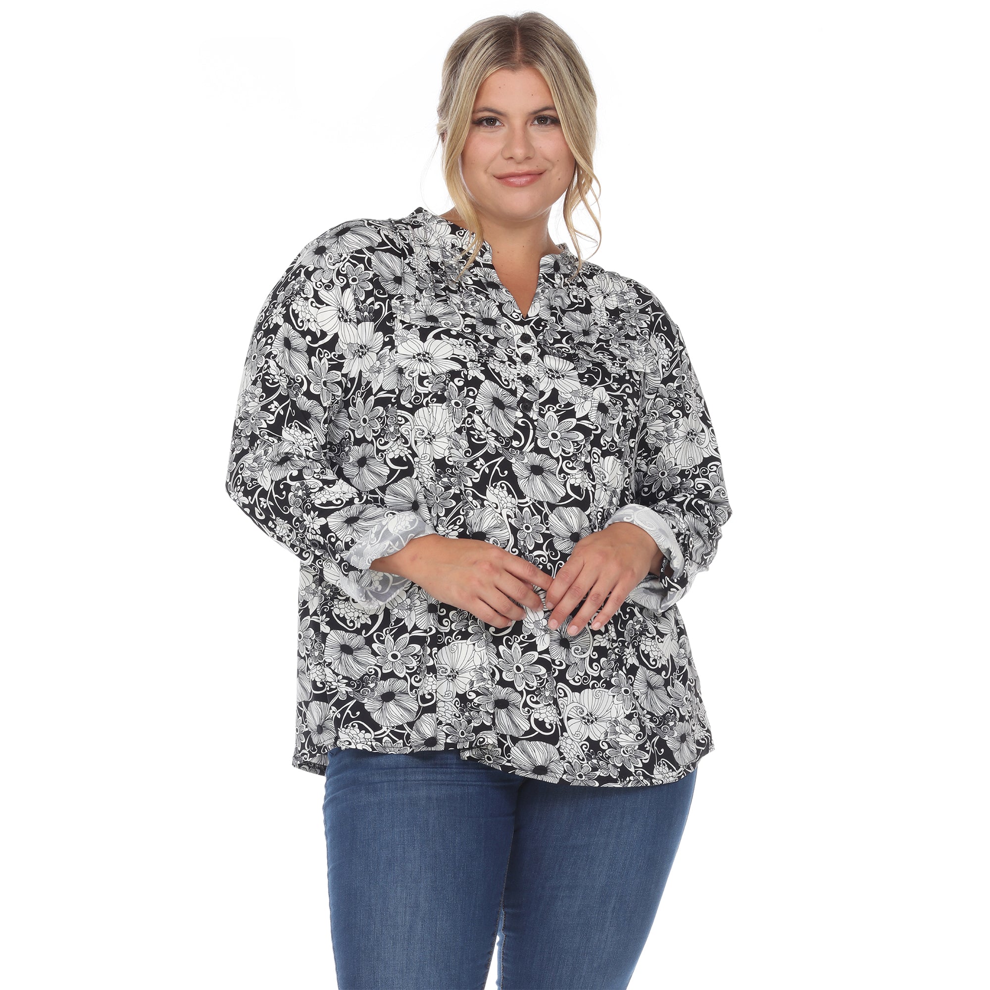 White Mark Women's Pleated Long Sleeve Floral Print Blouse - Plus (5 colors Available)