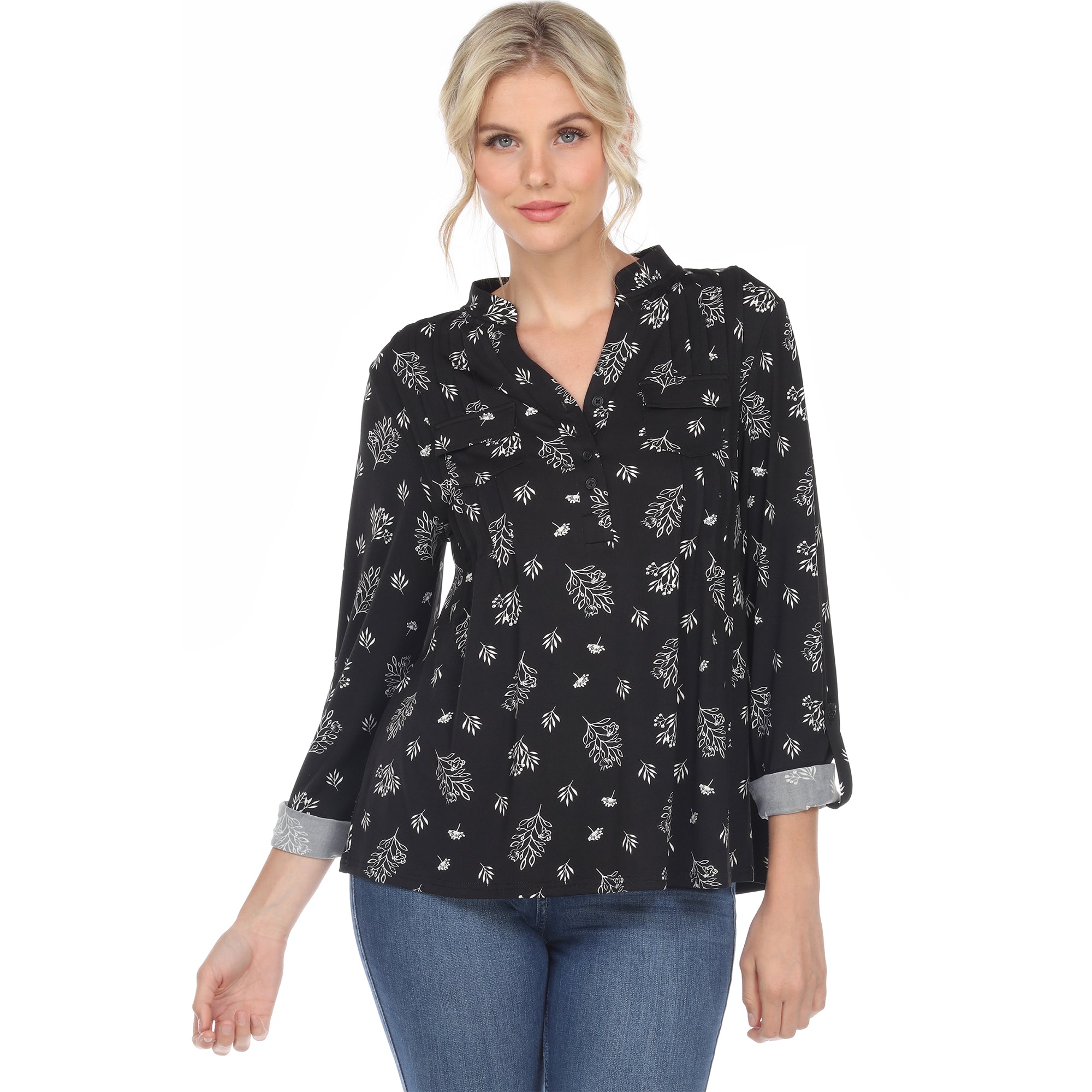 White Mark Women's Pleated Long Sleeve Leaf Print Blouse (4 Colors Available)