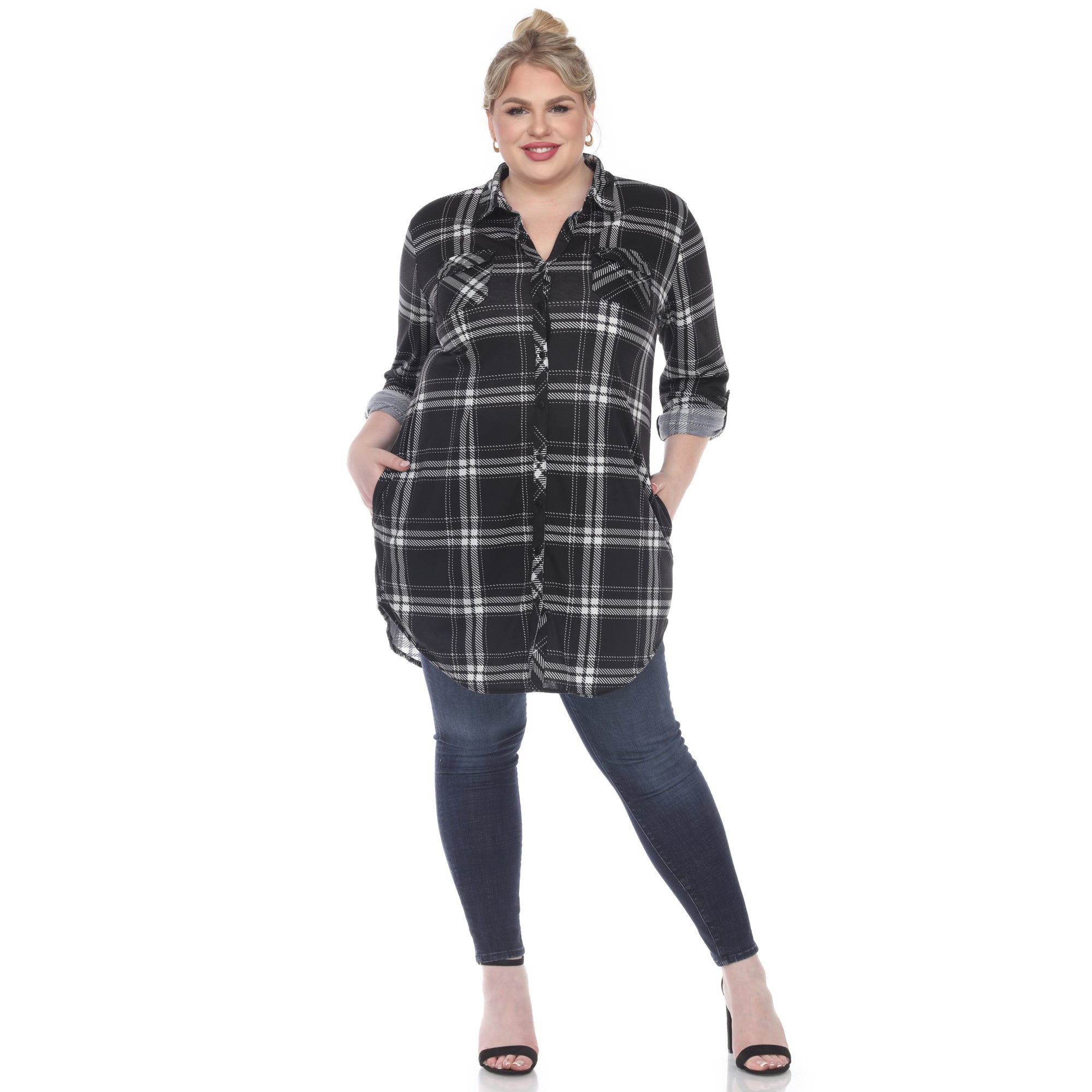 White Mark Women's Windowpane Plaid Tunic Shirt - Plus (5 Colors Available)