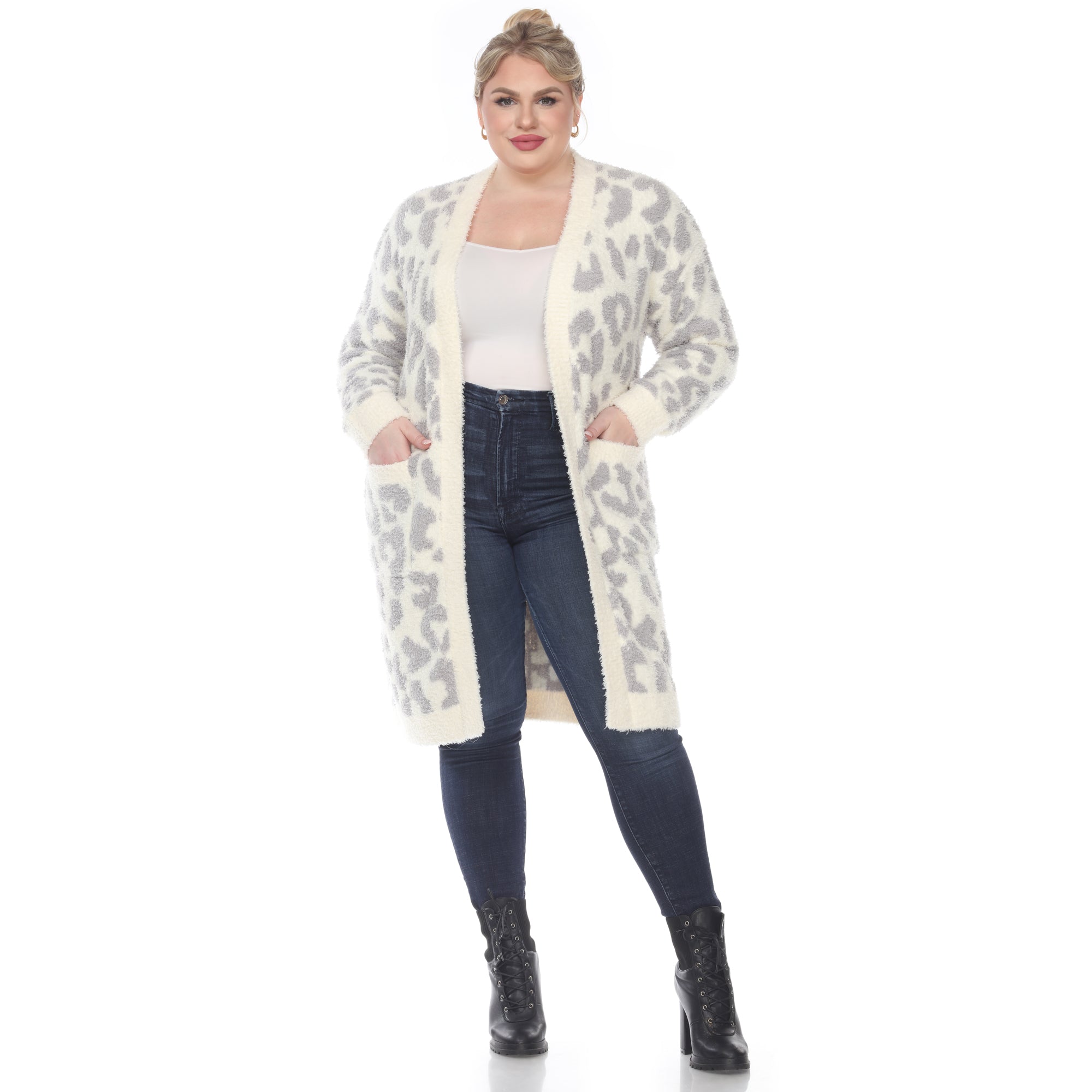 White Mark Women's Leopard Print Open Front Sherpa Coat - Plus