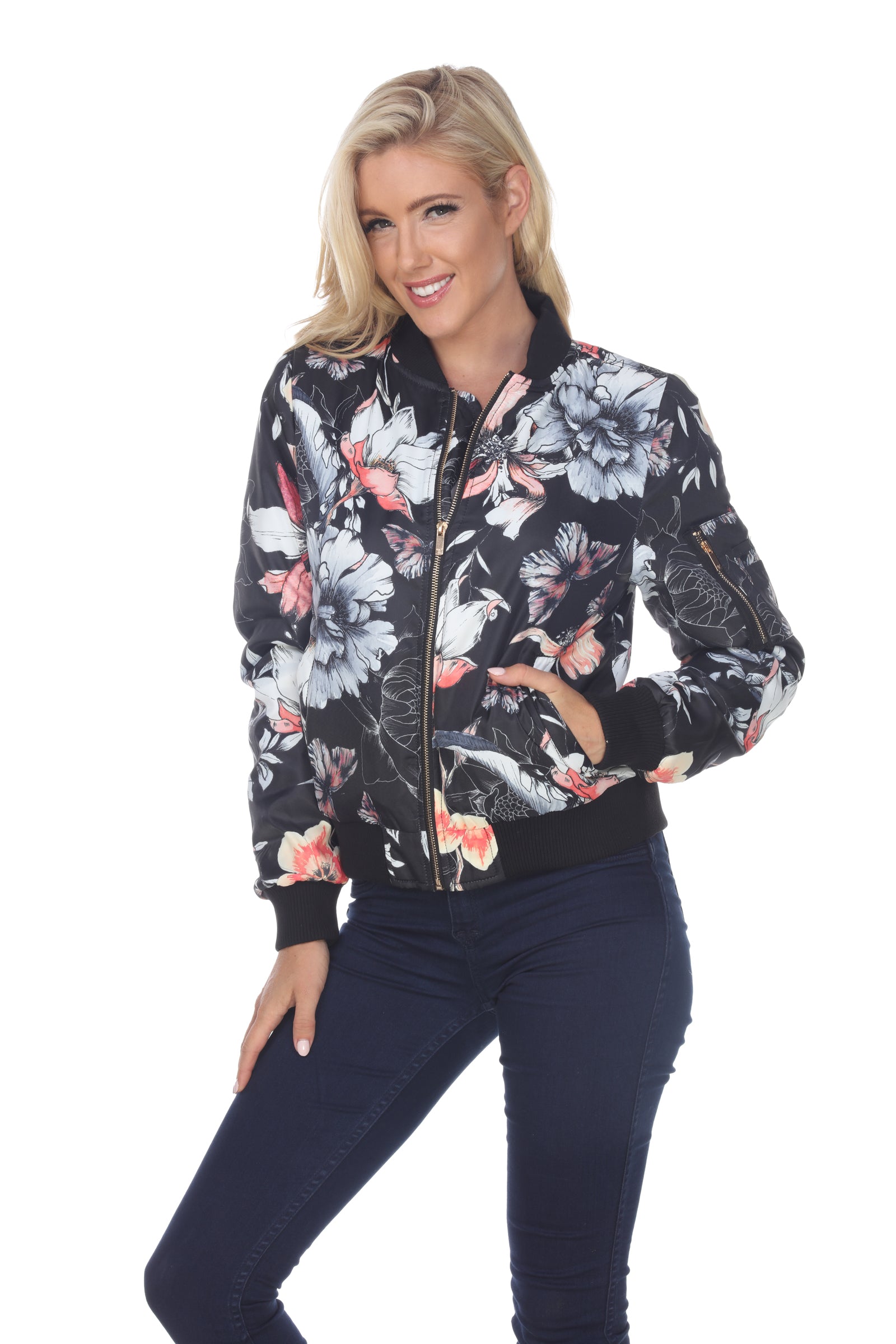 White Mark Women's Floral Bomber Jacket