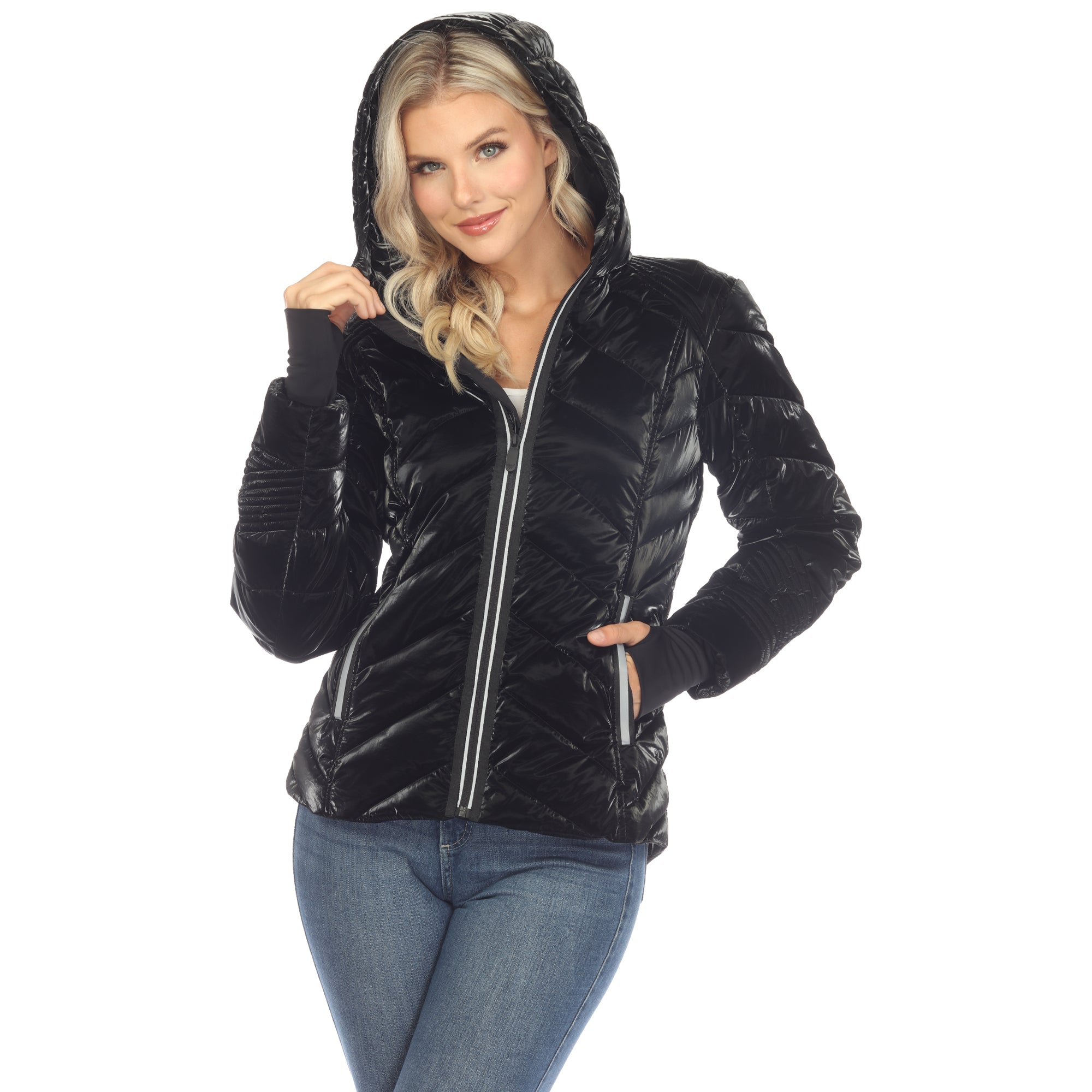 White Mark Women's Midweight Quilted Contrast With Thumbholes Hooded Jacket