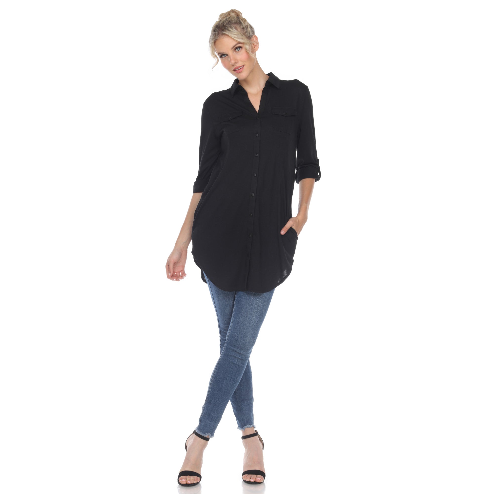 White Mark Women's Stretchy Button-Down Tunic (6 Colors Available)