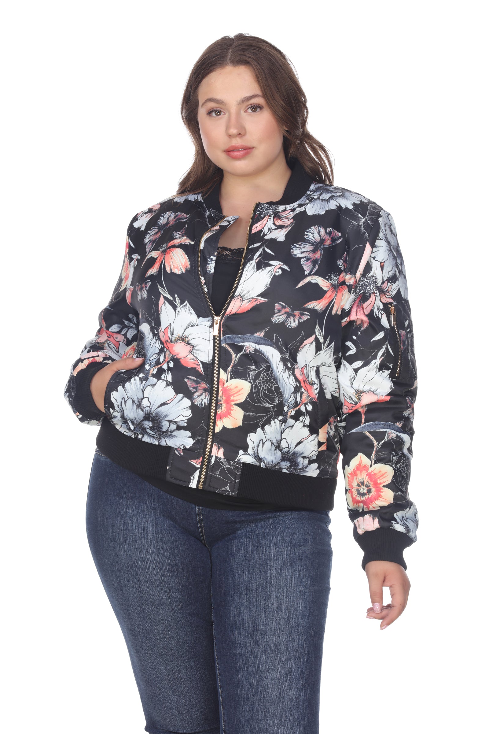 White Mark Women's Floral Bomber Jacket - Plus