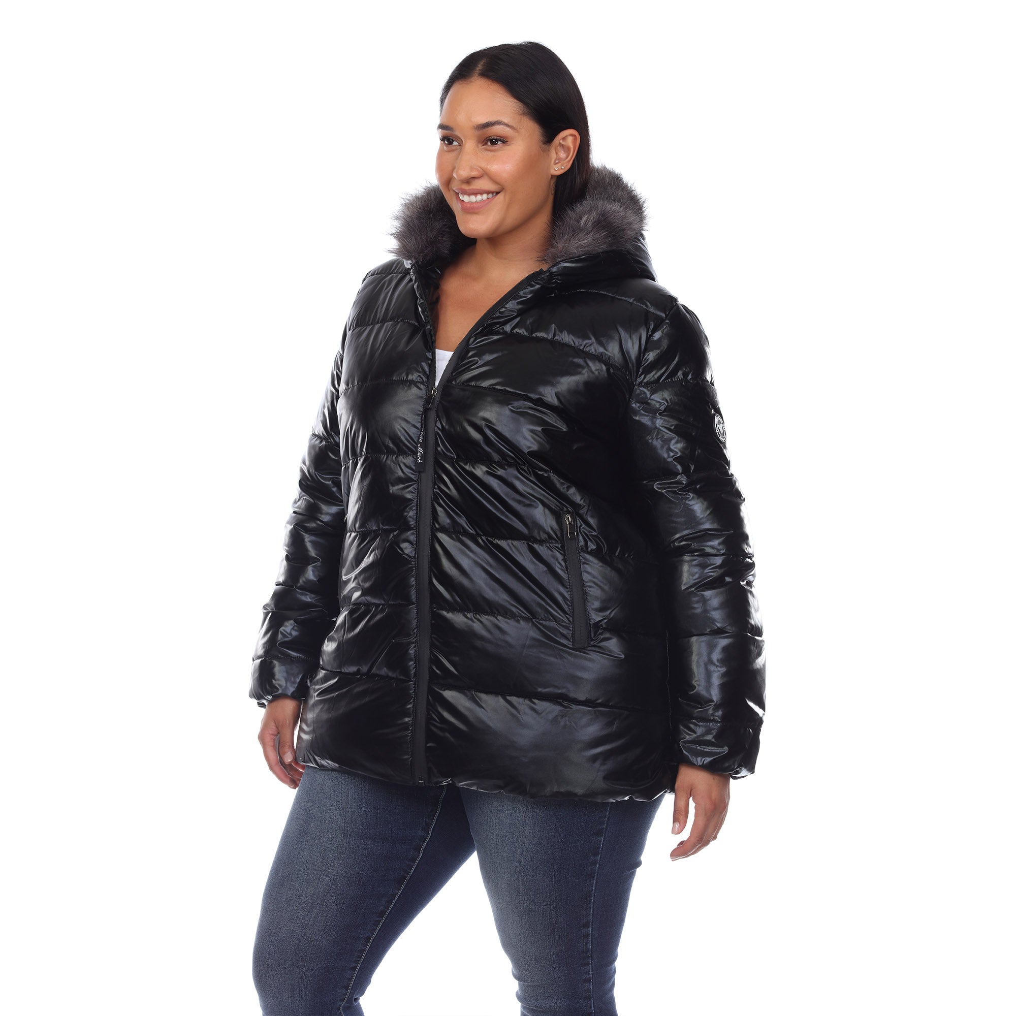 White Mark Women's Metallic Puffer Coat with Hoodie - Plus