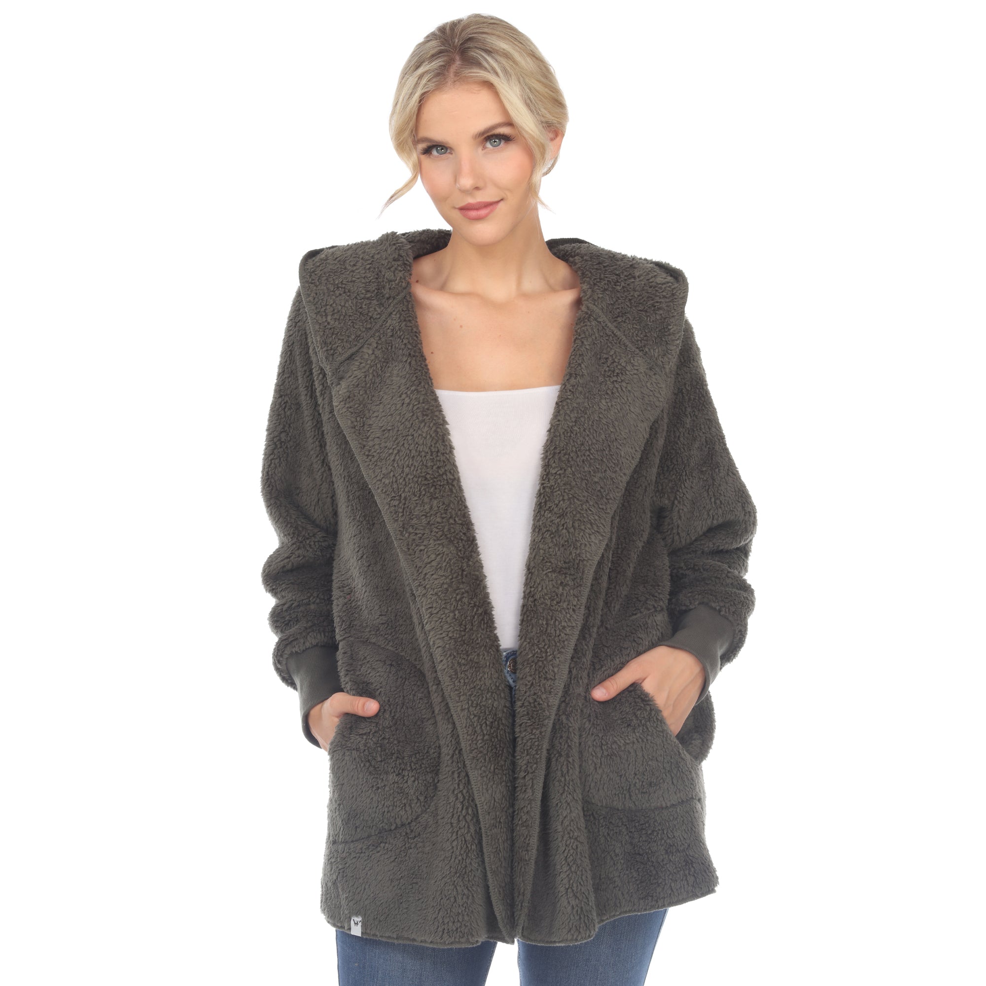 White Mark Women's Plush Hooded Cardigan with Pockets