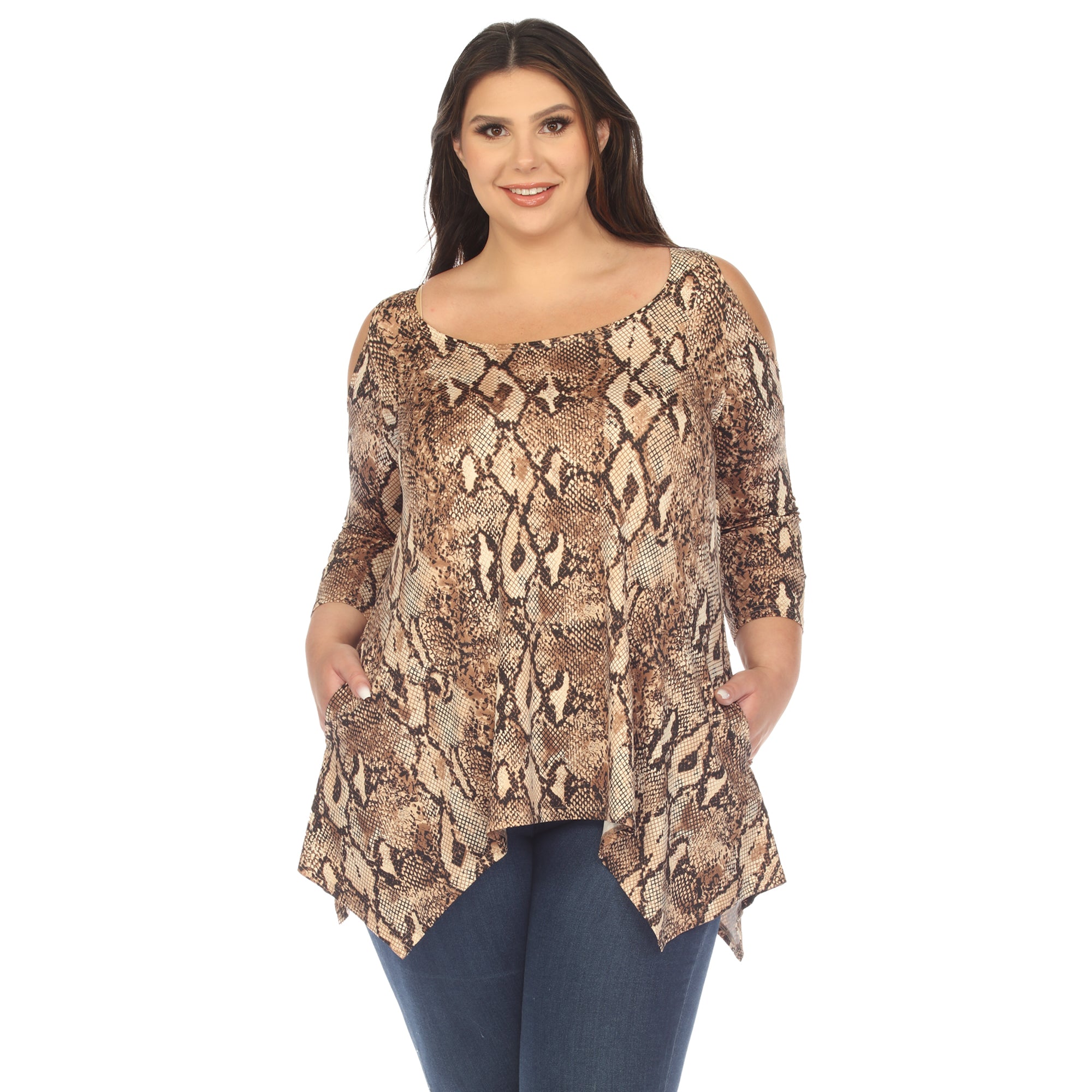 White Mark Women's Snake Print Cold Shoulder Tunic - Plus