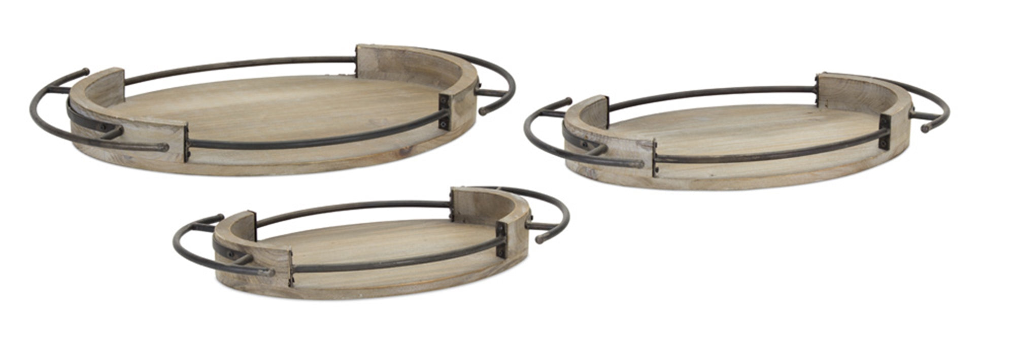 Oval Wooden Tray with Metal Handle Accent (Set of 3)