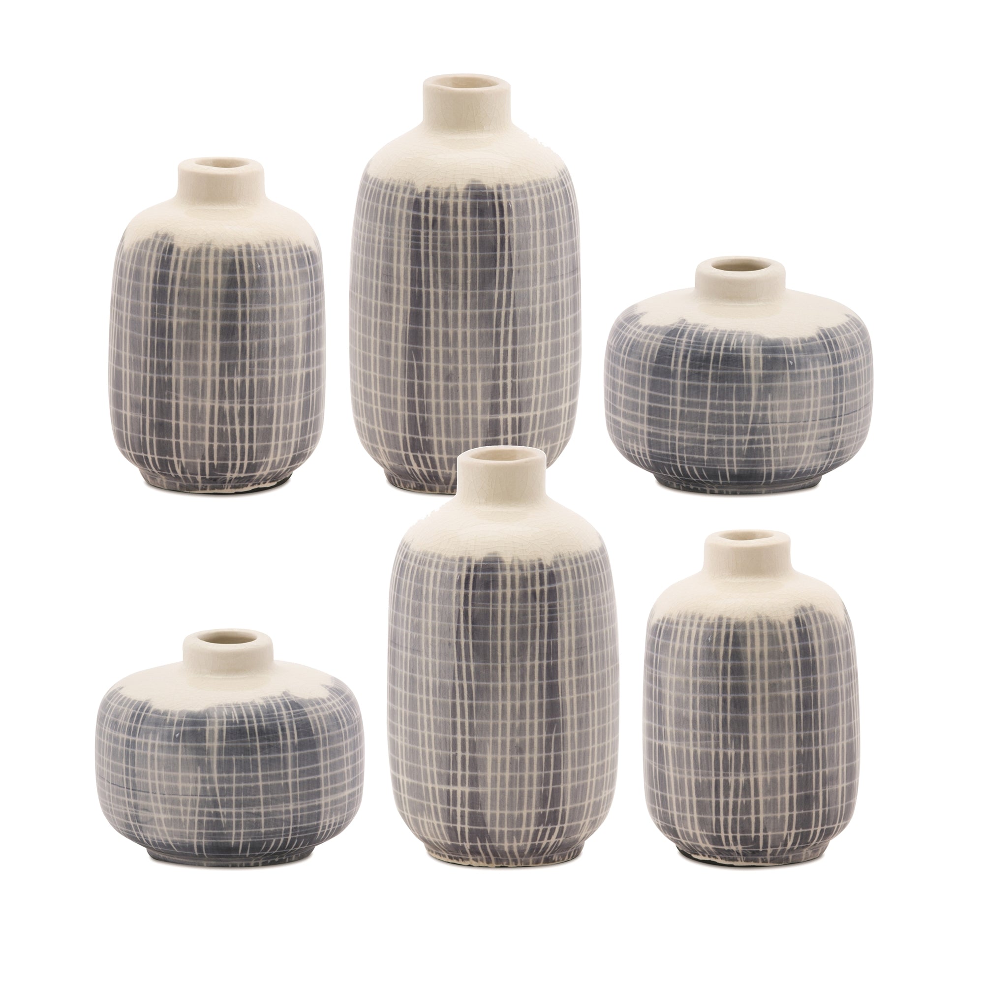 Mini Terra Cotta Bud Vase with Navy Criss Cross Pattern (Set of 6)