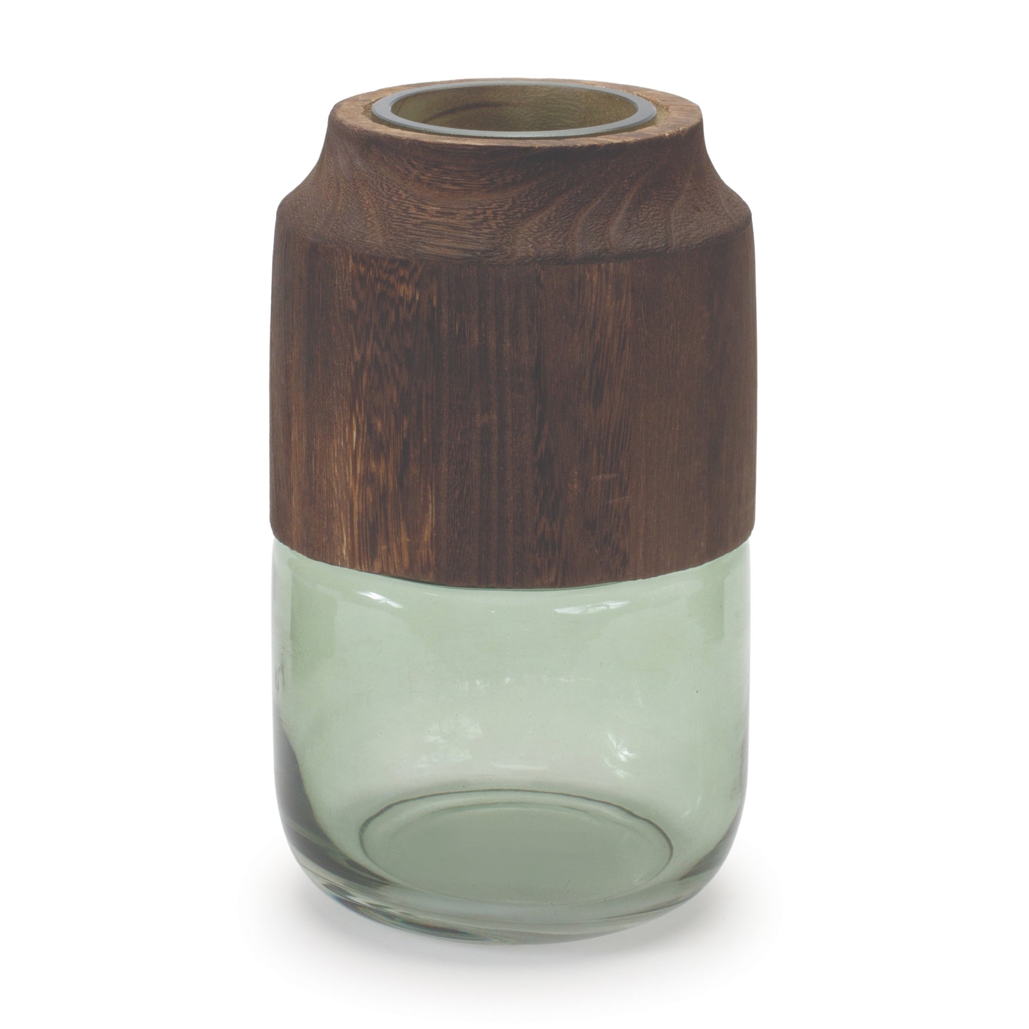 Sage Glass Vase with Wood Accent 9""H