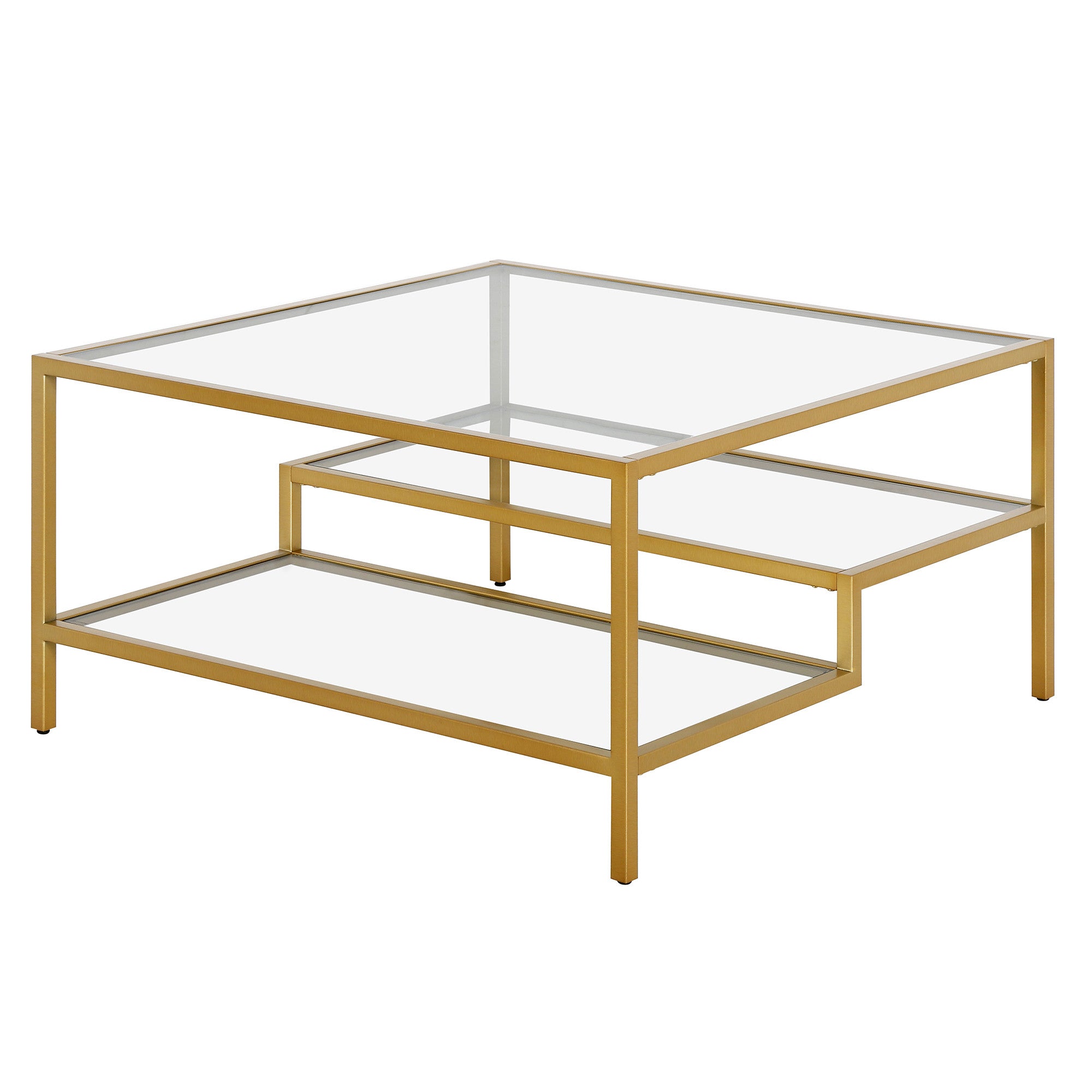 Glass And Steel Square Coffee Table With Two Shelves