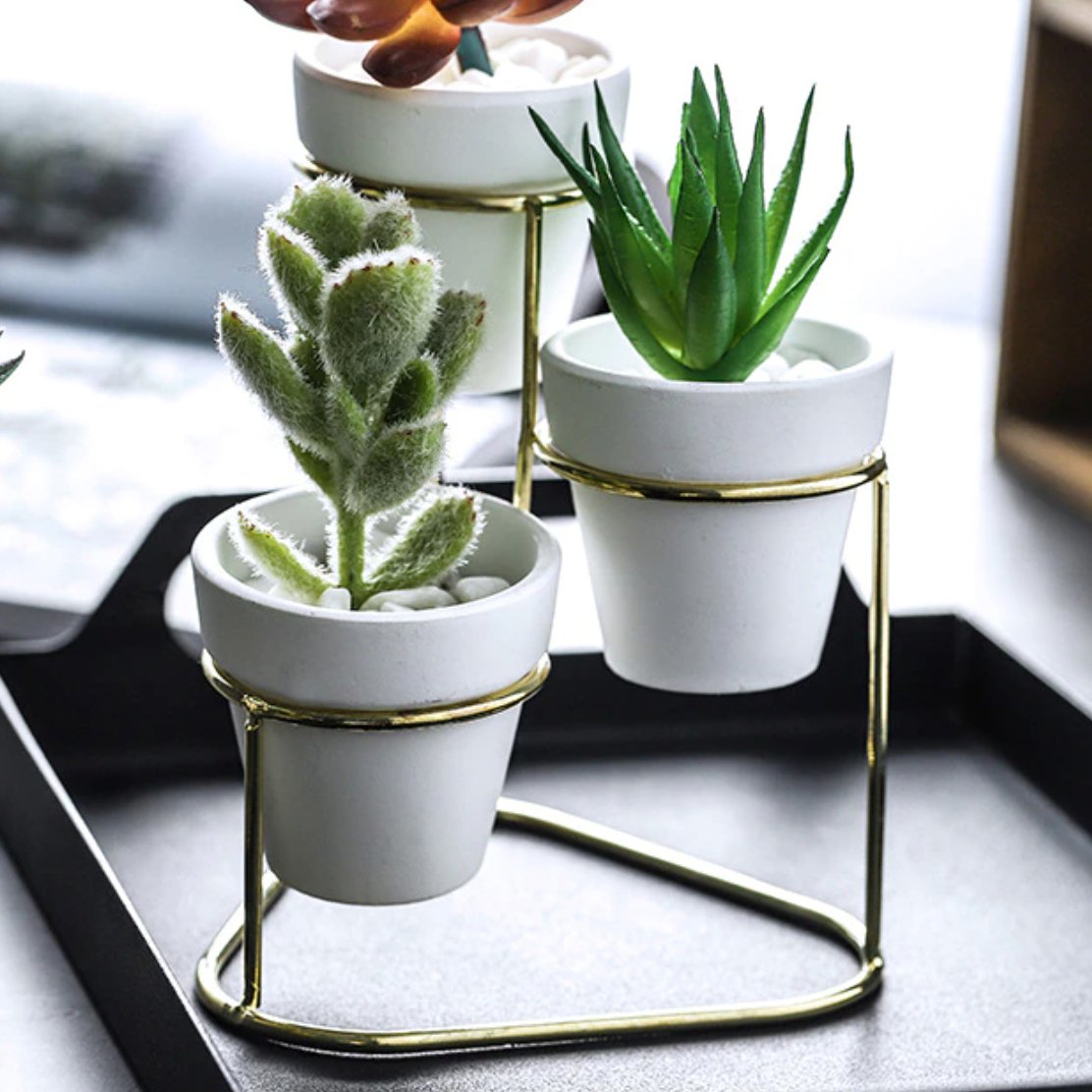 3 in 1 White Small Ceramic Planters on Metal Stand