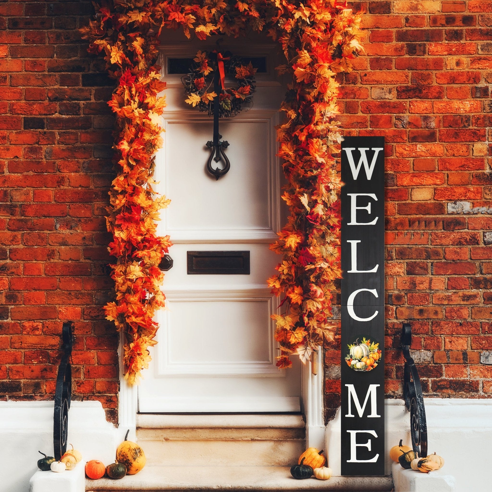 72in ""Welcome"" Fall Porch Sign with Pumpkins Design - Tall Porch Board Decor for Front Door during Autumn and Thanksgiving Celebrations