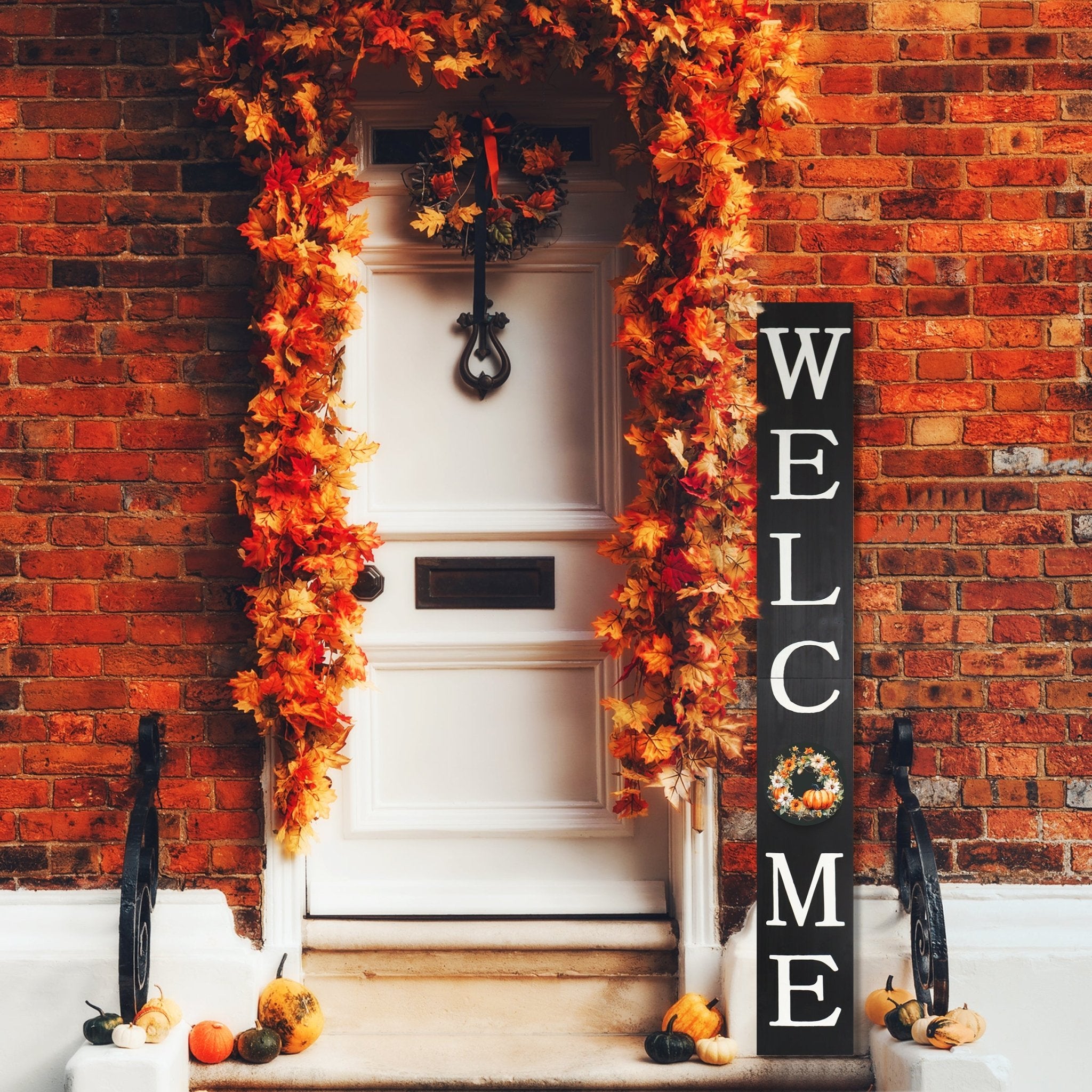 72in ""Welcome"" Fall Porch Sign with Wreath Design - Tall Porch Board Decor for Front Door during Autumn and Thanksgiving Celebrations