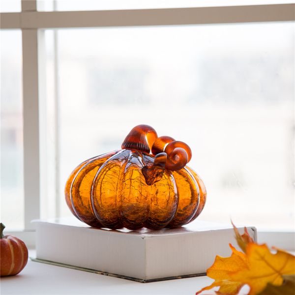 Hand Blown Glass Pumpkin for Fall Harvest Thanksgiving Halloween Decor, 6.75''D