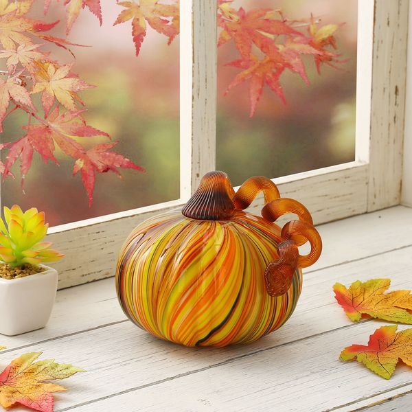 6"" D Fall Round Glass Pumpkin, Hand Blown Crystal Pumpkin Table Accent for Fall Decor