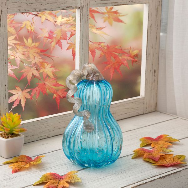 8.5"" Hand Blown Glass Pumpkin Table Accent for Fall & Harvest Thanksgiving Decorative