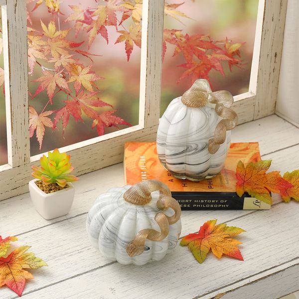 2 Pack Glass Pumpkin Figurine, Handmade Table Top Home Decor Glass Pumpkins