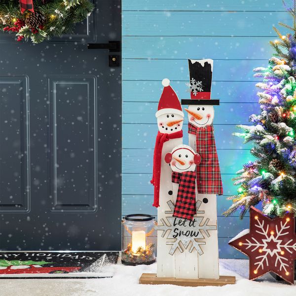 35""H Christmas Wooden Snowman Family Porch Decor