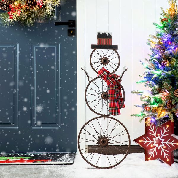 34""H Metal Bike Wheel Snowman with Plaid Scarf Hat Porch Decor