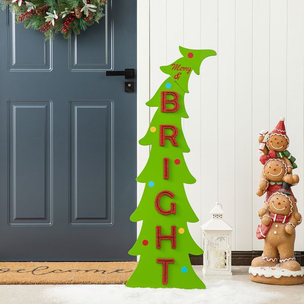 42""H Christmas Rustic Wooden Merry & Bright Bent Tree Vertical Porch Sign